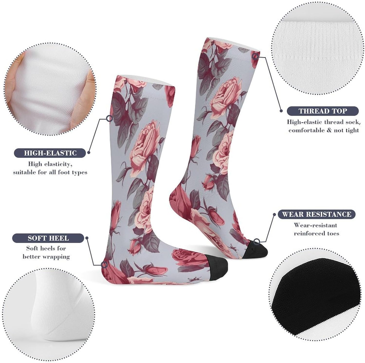 Red Roses Floral Socks Hiking Boot Socks Casual Knee High Sock Cozy Outdoor Sport Socks for Women Men