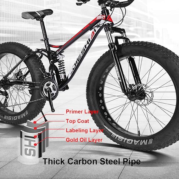 Full Suspension Mountain Bikes with Dual Disc Brake for Adults Men Women, High-Carbon Steel Fat Tire Mountain Trail Bike All Terrain Mountain Bicycle,New Blue 1,26 inch 7 Speed