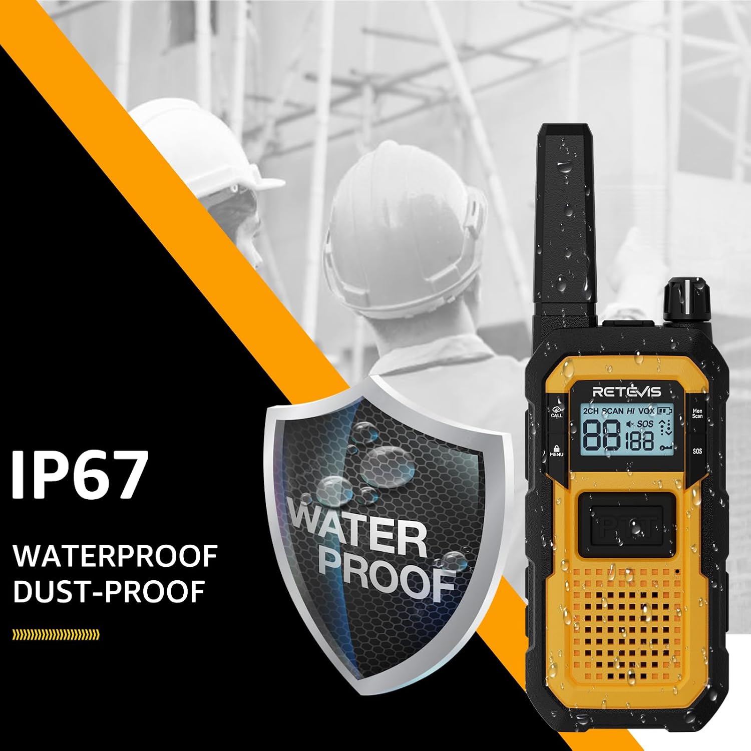  RB48 Military-Standard & IP67 Waterproof Walkie Talkies Long Range | Heavy Duty FRS Two Way Radio for Construction, Large Front PTT & Dual PTT, Vibration Alert, NOAA, Floating, SOS (4 Pack) thumbnail