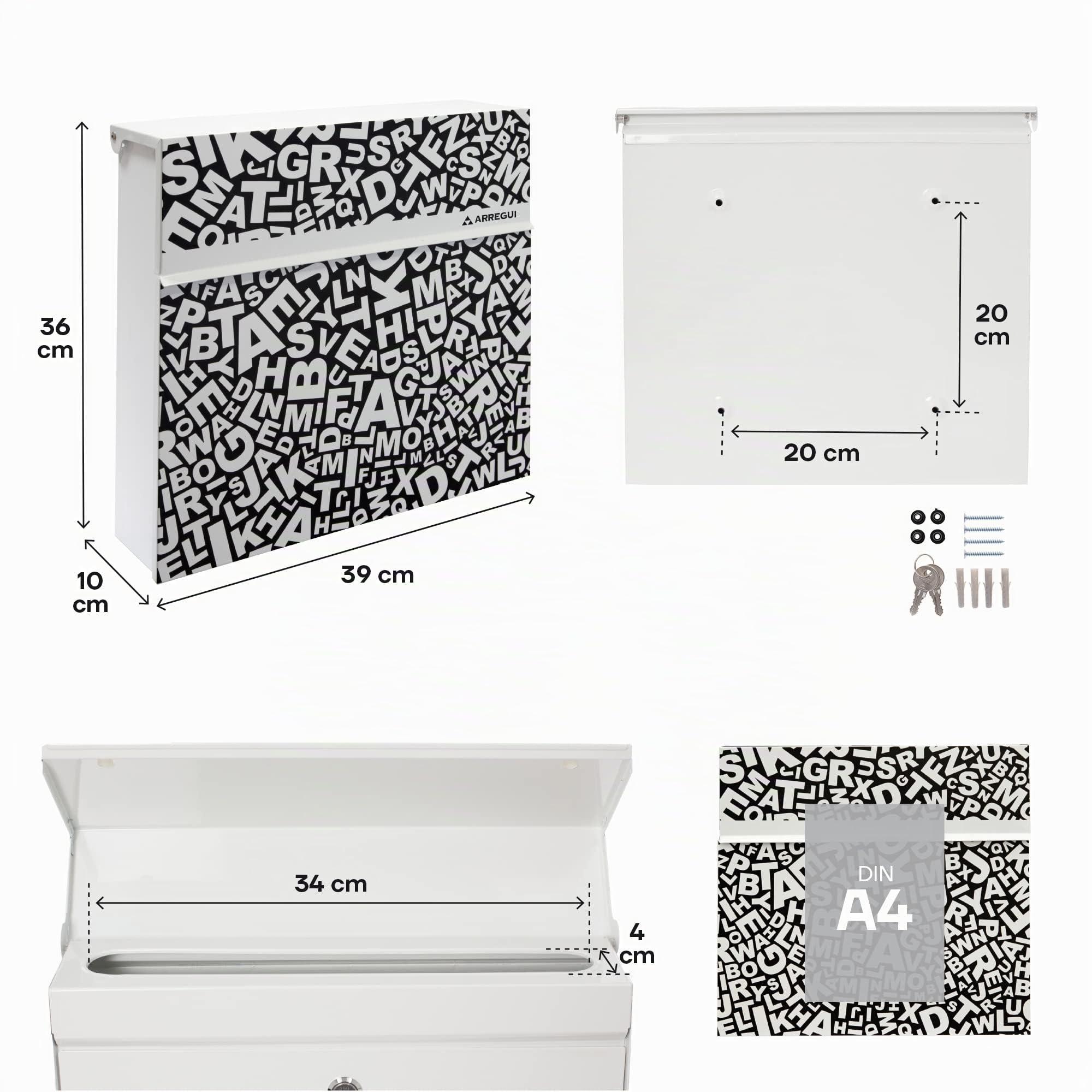 ARREGUI Plate E6512 Buzón Exterior de Acero con serigrafía Decorativa Words, Tamaño L (Revistas, Sobres C4), Buzón con Cerradura Tapada, Buzón de Pared, Buzón de Correo Grande, Antilluvia, Blanco