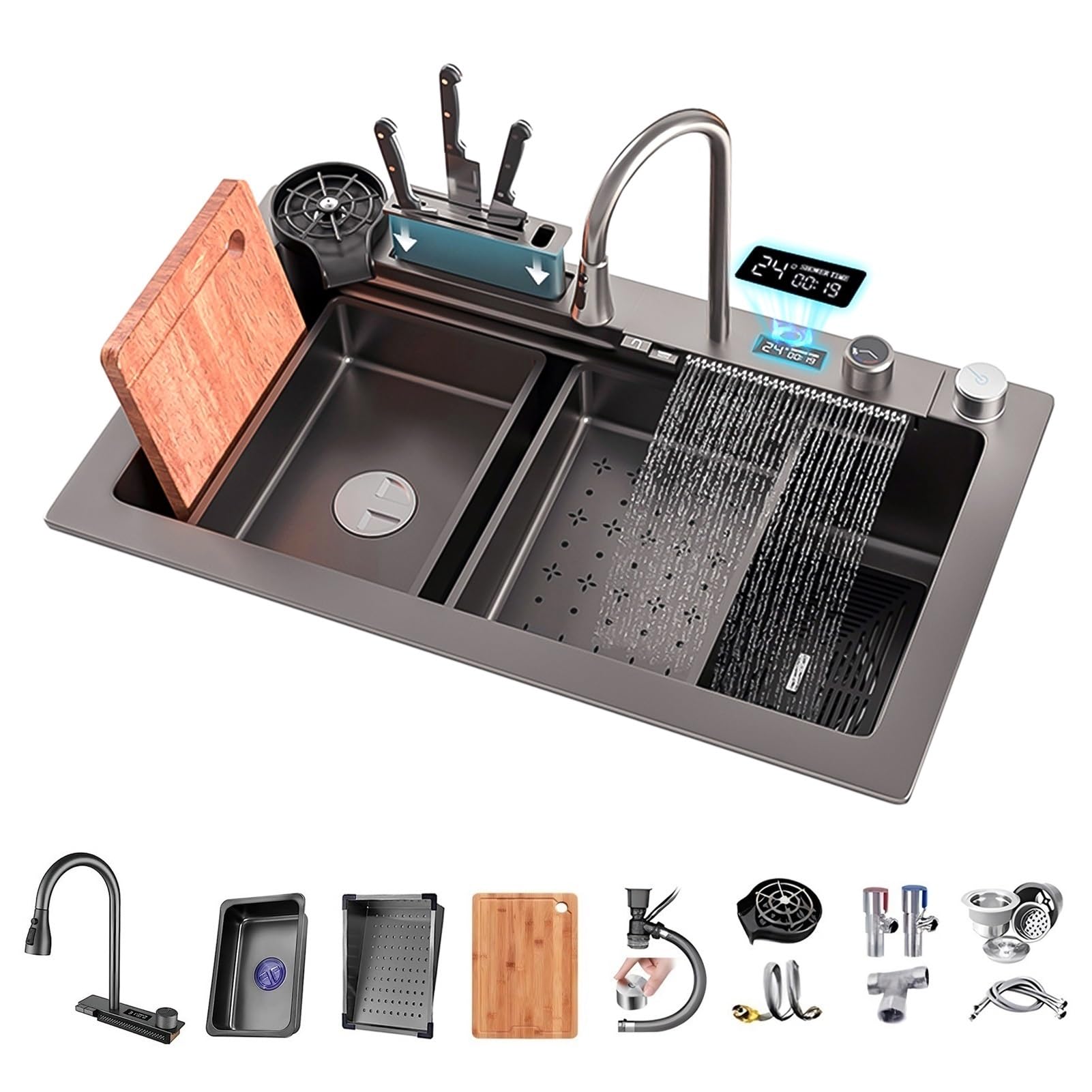 ZQFHSX Large Black Gray Kitchen Sink With Waterfall Faucet, Cup Washer, LED Screen, Knife Holder & Drain Set, 304 Stainless Steel Workstation Sink, Extra Side (Size : 75x45x22cm)
