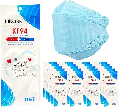 [30 Pack]HINCINK Kf94 Masks [Individually Packaged] Unisex, 4-Layer Mask, Tri-Folding Style for Adult and Older (30Pcs, Light blue)