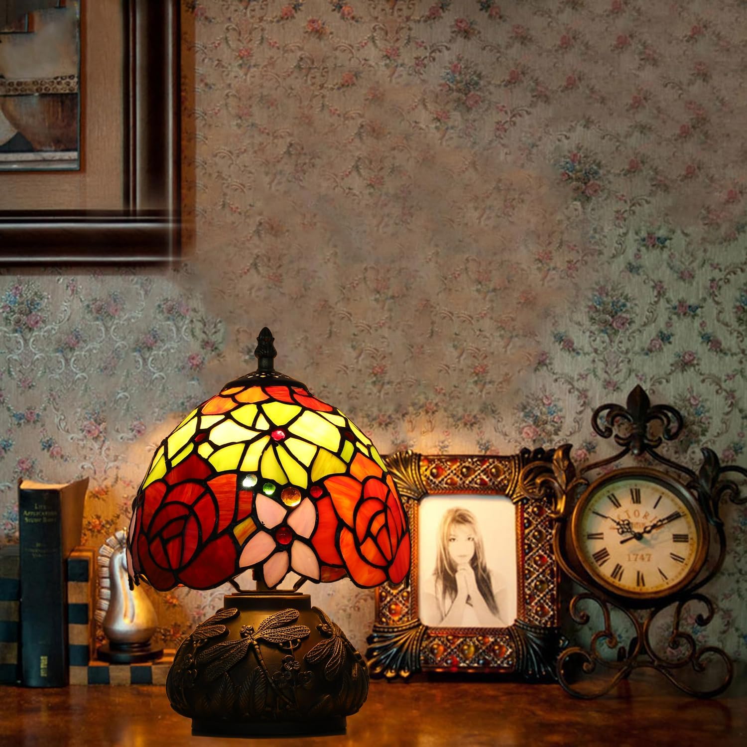 Tiffany Style Table Lamp, Stained Glass Lamp, Small Antique Lamp, for Nightstand Bedroom Living Room Home Office, Rose Flower Pattern, 8X11 Inch