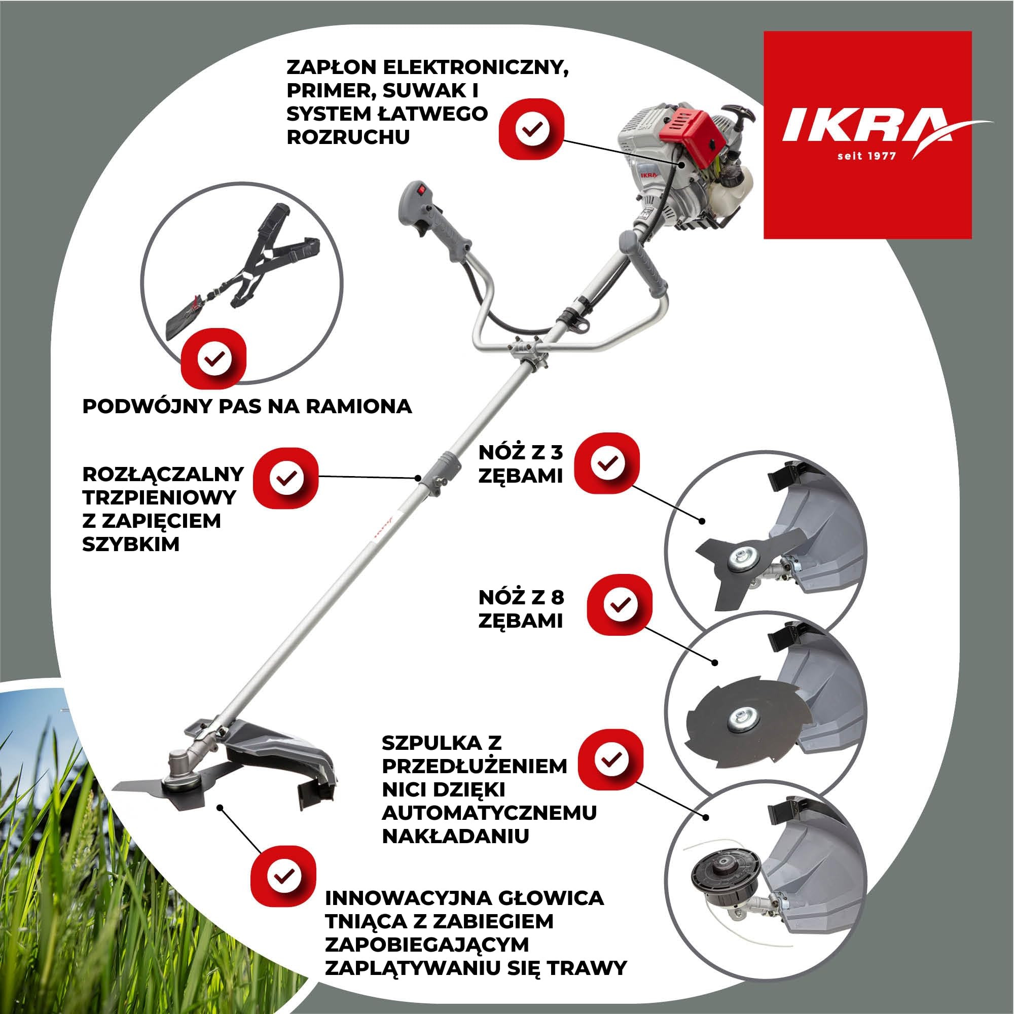 IKRA Podkaszarka spalinowa IBF 31-4, 31 cm³ 0,7 kW z zestawem akcesoriów | W zestawie nóż 3- i 8-zębny, szpula, pas naramienny i okulary, mocny silnik 4T z łatwym rozruchem