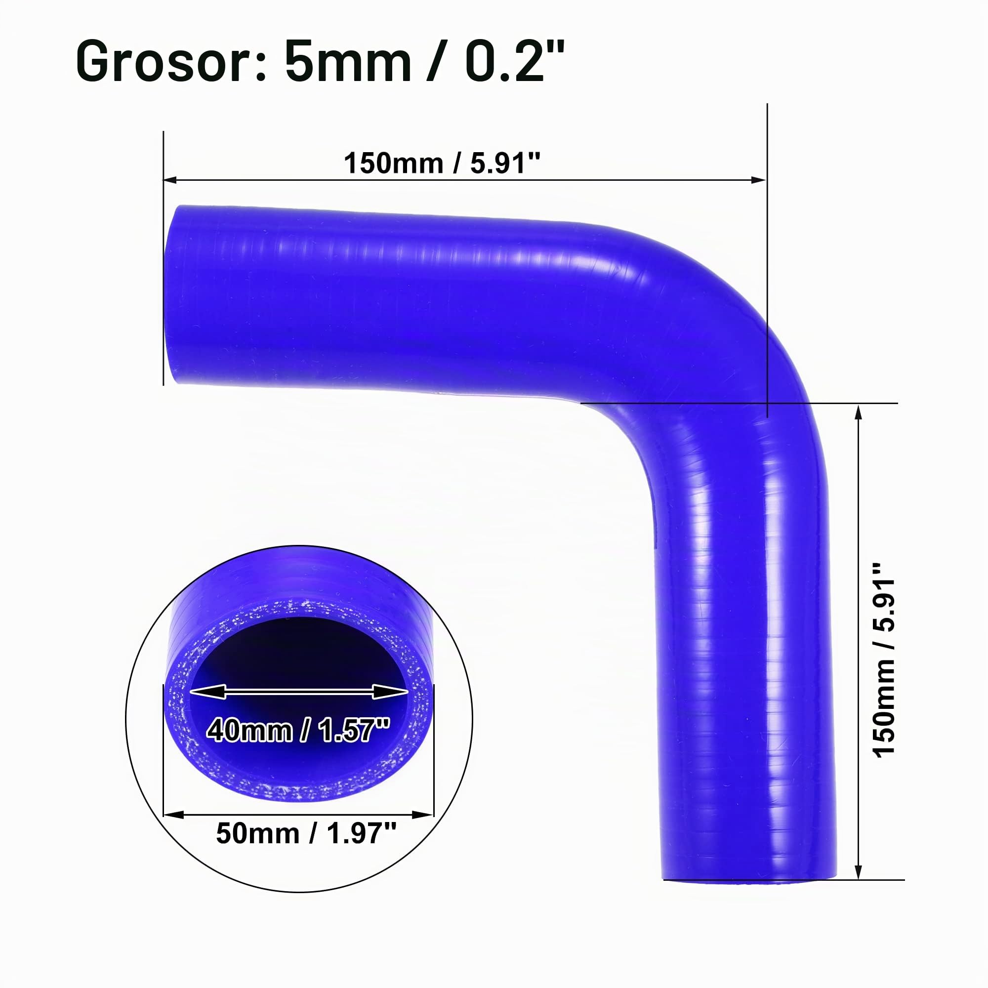 A ABSOPRO Manguera De Silicona Acoplador 90 Grados 40Mm 1.57" Id 1Pc Azul | Azul, Grosor 5Mm, Diámetro Exterior 50Mm, Longitud 150Mm, Temperatura De Trabajo -60°C A 300°C, Universal