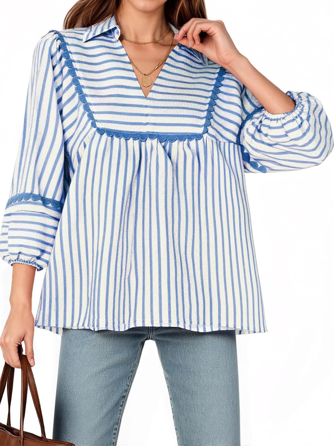 Tankaneo Womens Striped Babydoll Tops Oversized 3/4 Sleeve Peplum Blouse Casual Loose Fit Pleated Cute Shirts Blue White