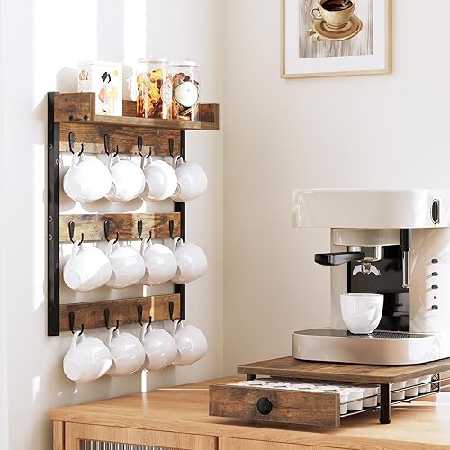 Miniatura 5 de Soporte para taza de café, estante para árbol de 3 niveles, para colgar 12 tazas, con estante superior, para cocina, comedor, sala de estar,