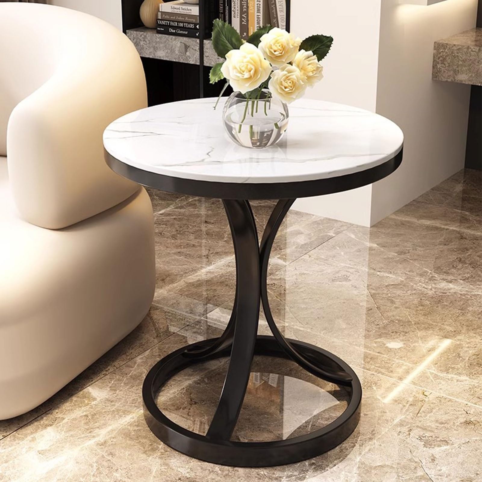 White End Table Round Accent Side Table, Modern Style Small Coffee Table with Metal Frame for Small Spaces, Bedside Table Couch Table for Living Room,