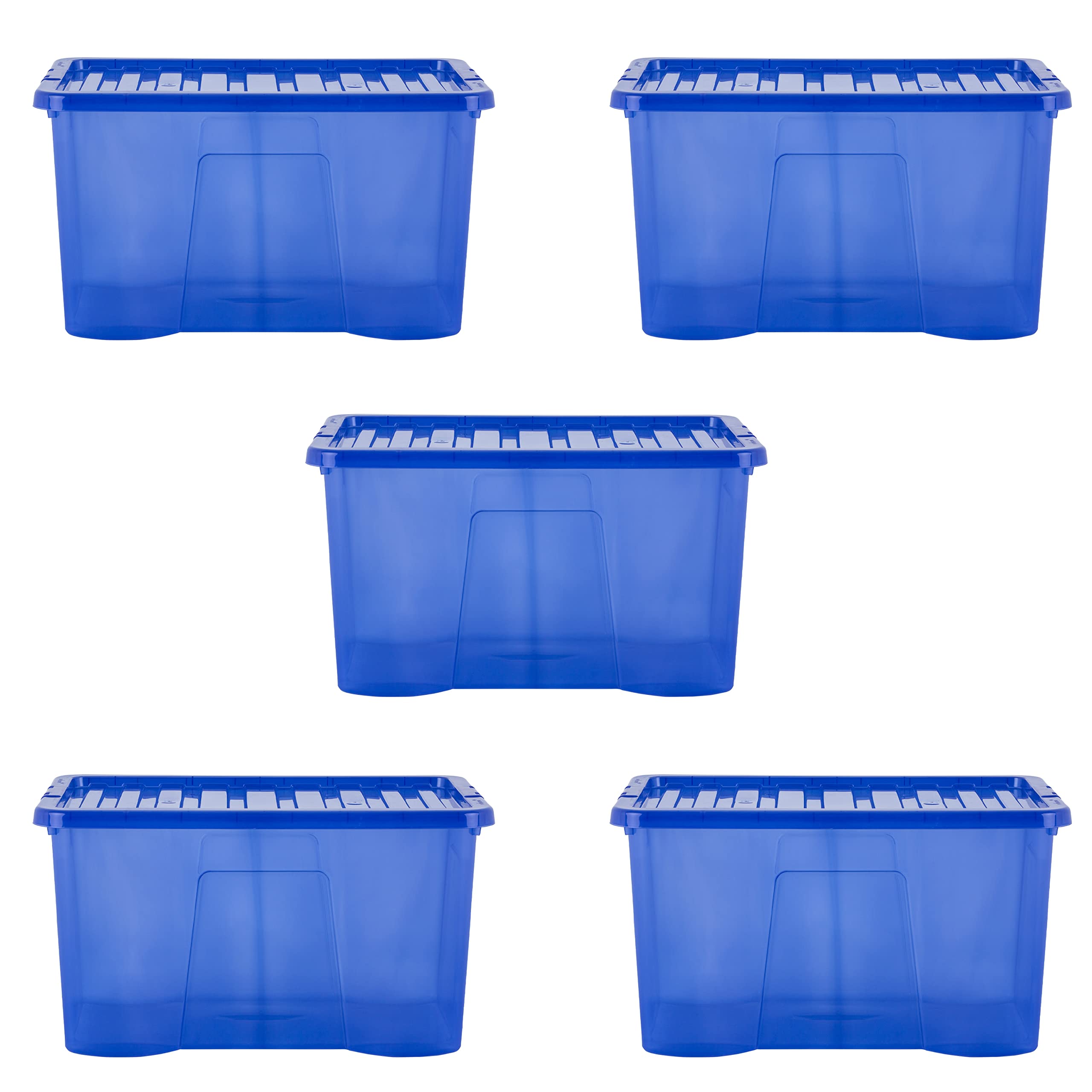 Wham Crystal 5 x 60L Stackable Plastic Storage Boxes with Lids | Ideal for Home, Office, Toys & More | Large Boxes | Made in UK - Spectrum Blue