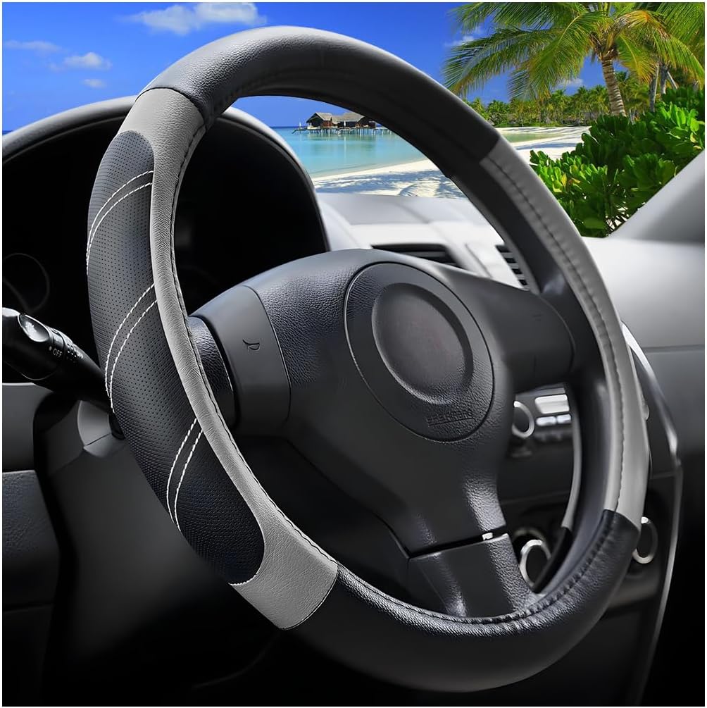 Zpana Car Steering Wheel Cover, Breathable Non-Slip Leather, Gray