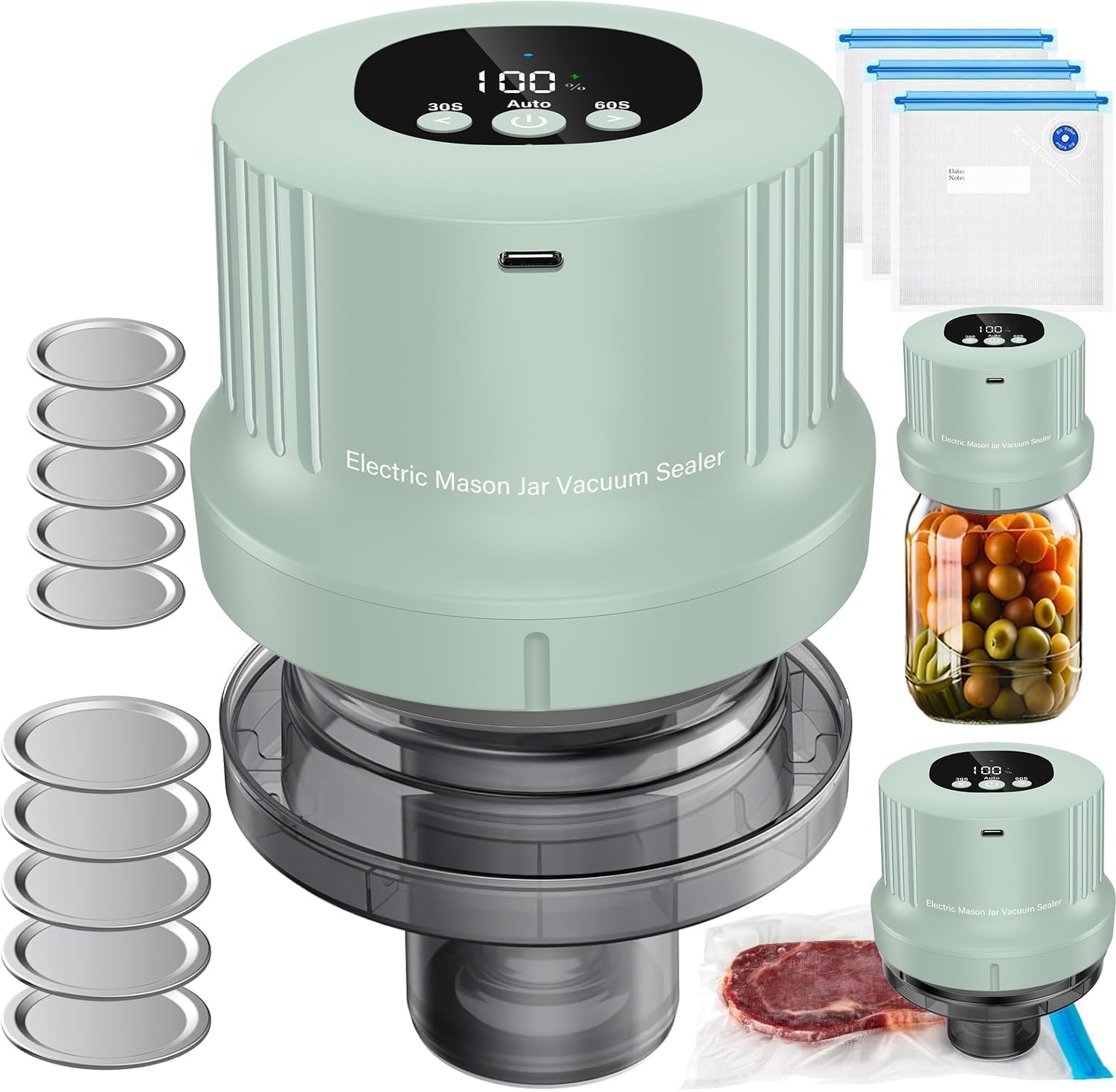 Mason Jar Vacuum Sealer Kit-Full-Automatic-Jar-Sealer-Vacuum-Sealing,3 in 1 Cordless Canning Jar Vacuum sealer with Wide&Regular Mouth Mason Lids/Reusable Vacuum Bags/Food Saver Vacuum Sealer for Jars
