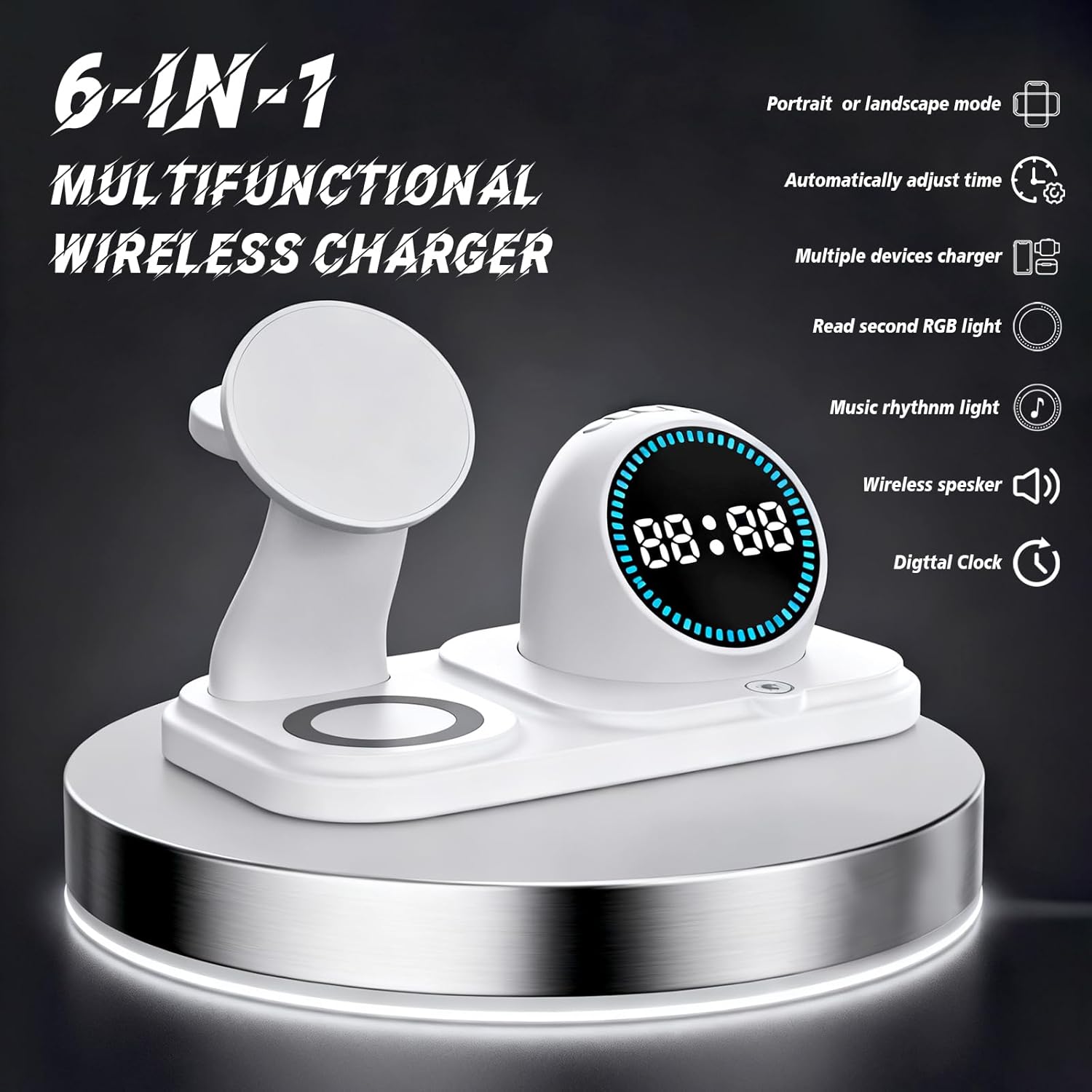 Wireless Charging Station with Clock,6-in-1 Charging Stand for Multiple Devices for iPhone 17 16 15 14 13 12 Pro Max, Apple Watch, Airpods, Bluetooth Speaker + RGB Light