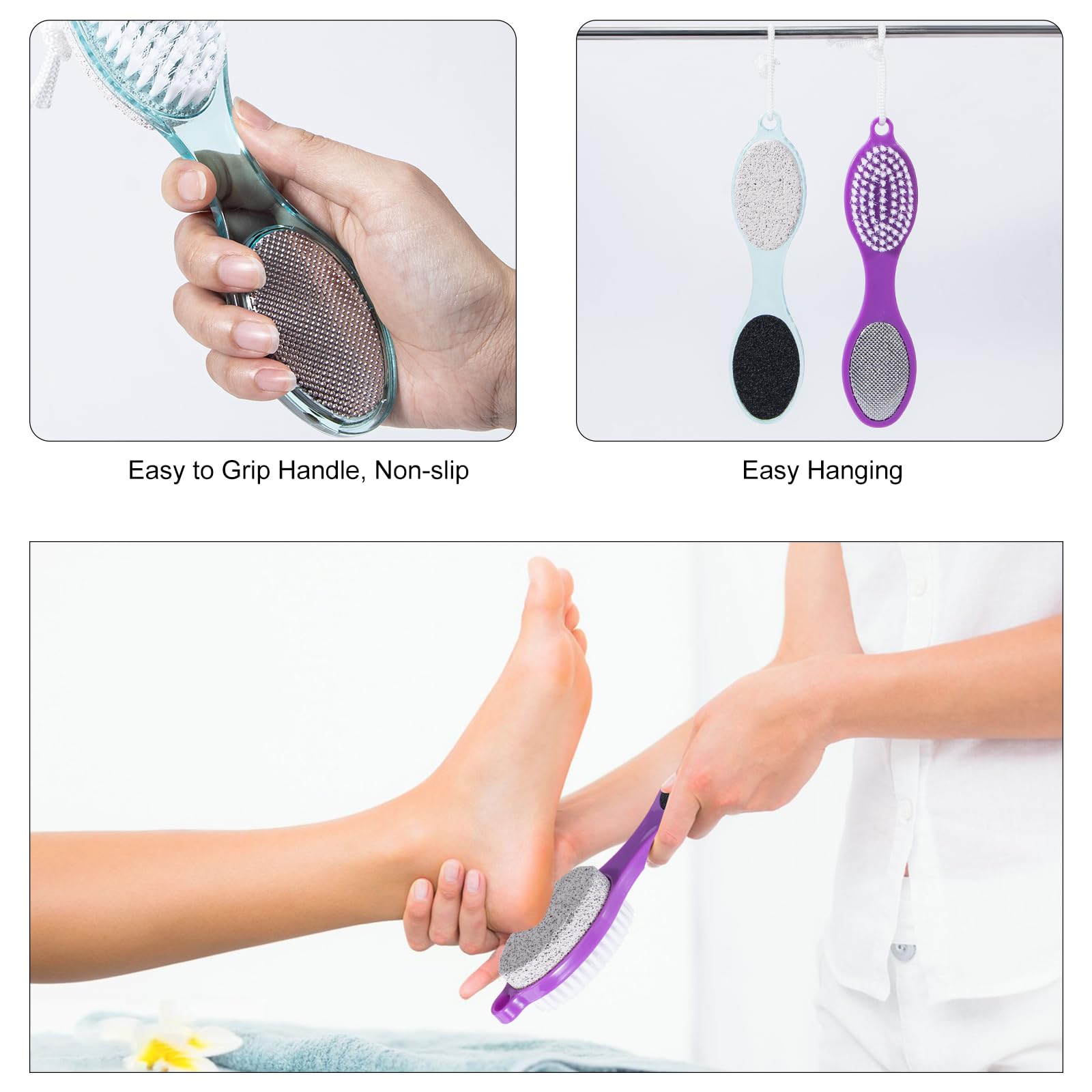 Spazzola in pietra pomice per piedi 4 in 1, scrubber per piedi doccia, lima per piedi, rimozione calli, raspa per piedi e carta abrasiva, strumenti per pedicure con manico, piedi morbidi e