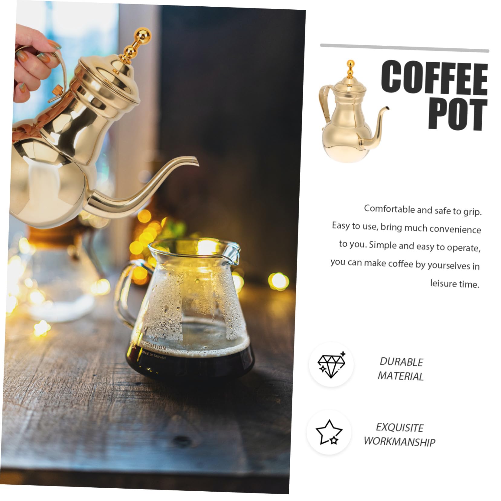 Homoyoyo Caffettiera in Acciaio Inossidabile Color Oro con Filtro Integrato Bollitore da Caffè Multiuso con Beccuccio per Controllo Preciso per Caffè e Bevande Calde e Fredde