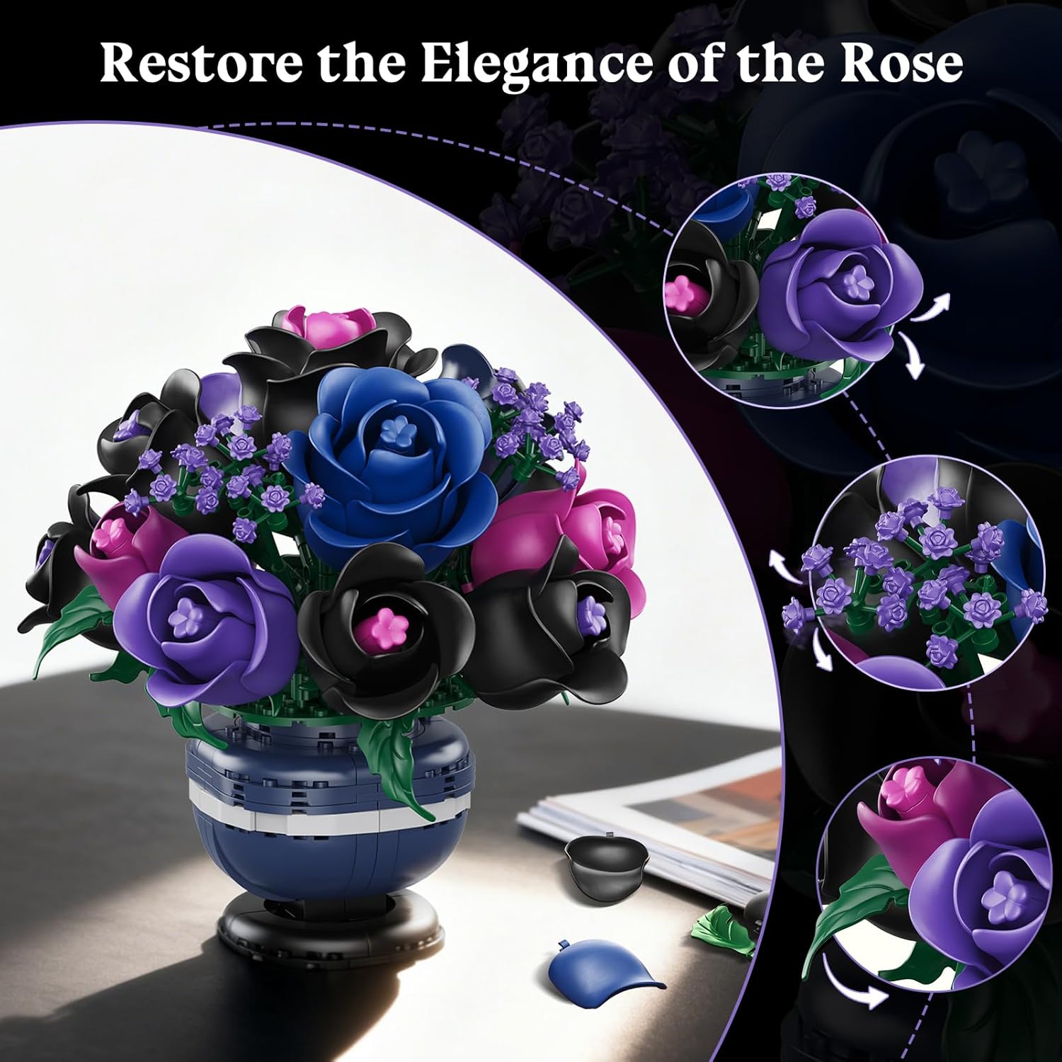 Flowers Botanicals Building Set - Artificial Purple Black Rose Bonsai Plant for Home Decor, 507PCS Artificial Flowers Building Set Indoor Gothic Decoration, Valentine Birthday Gifts for Adults - Image 4
