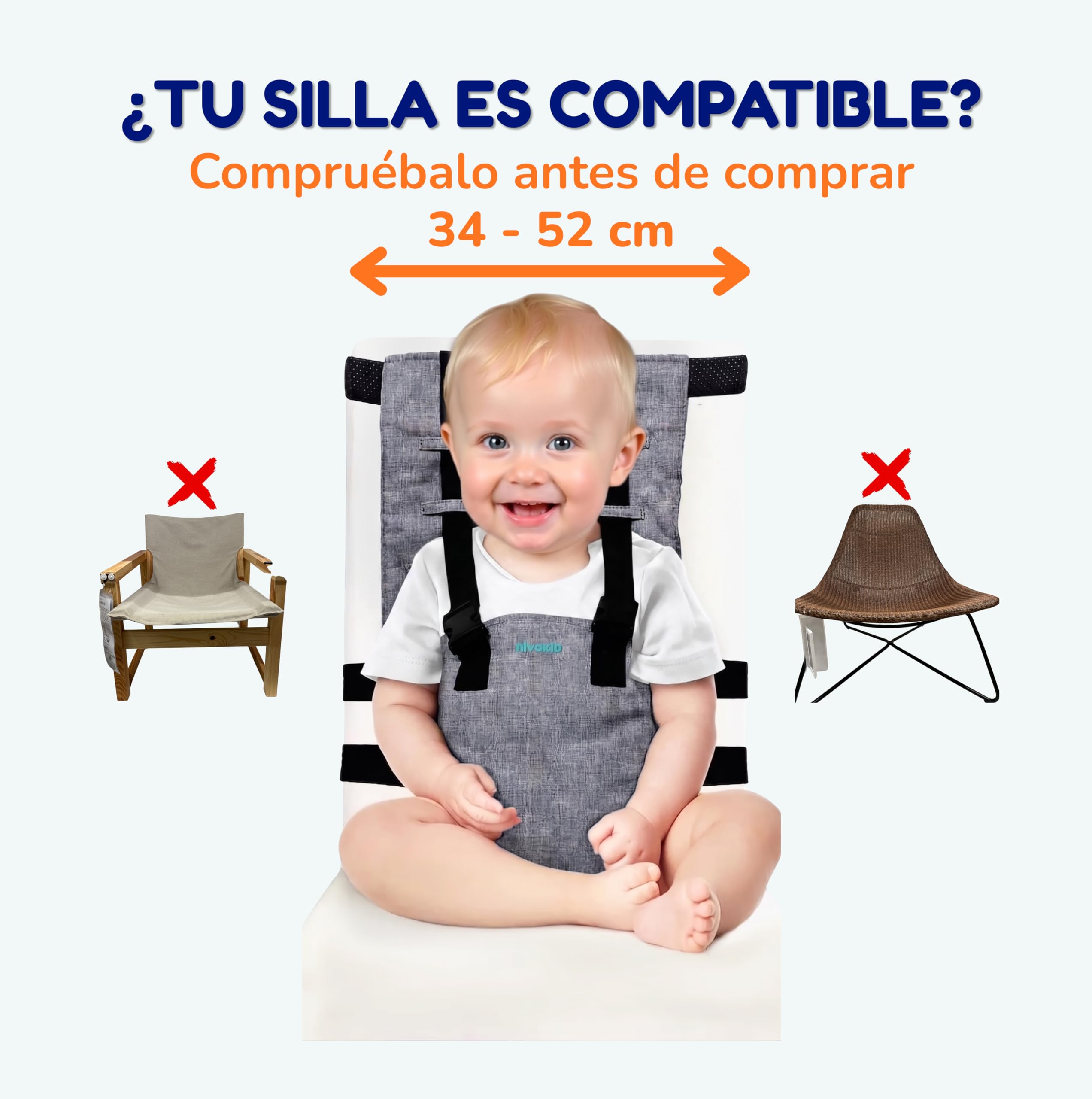 Trona Portátil Bebé 6-36 Meses, Silla Portátil de Viaje con Arnés Ajustable de 3 Puntos, Asiento Elevador Plegable 260g, Compatible con la Mayoría de Sillas Ideal para Restaurante Vacaciones y Viajes