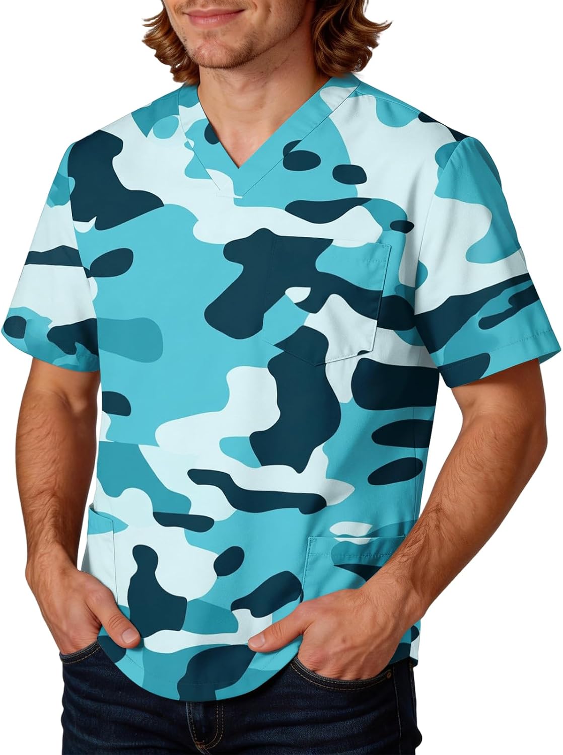 RTRDE Men's Casual T Shirts Short Sleeve Camo Printed Work Scrub Uniforms with Pockets, S-5XL