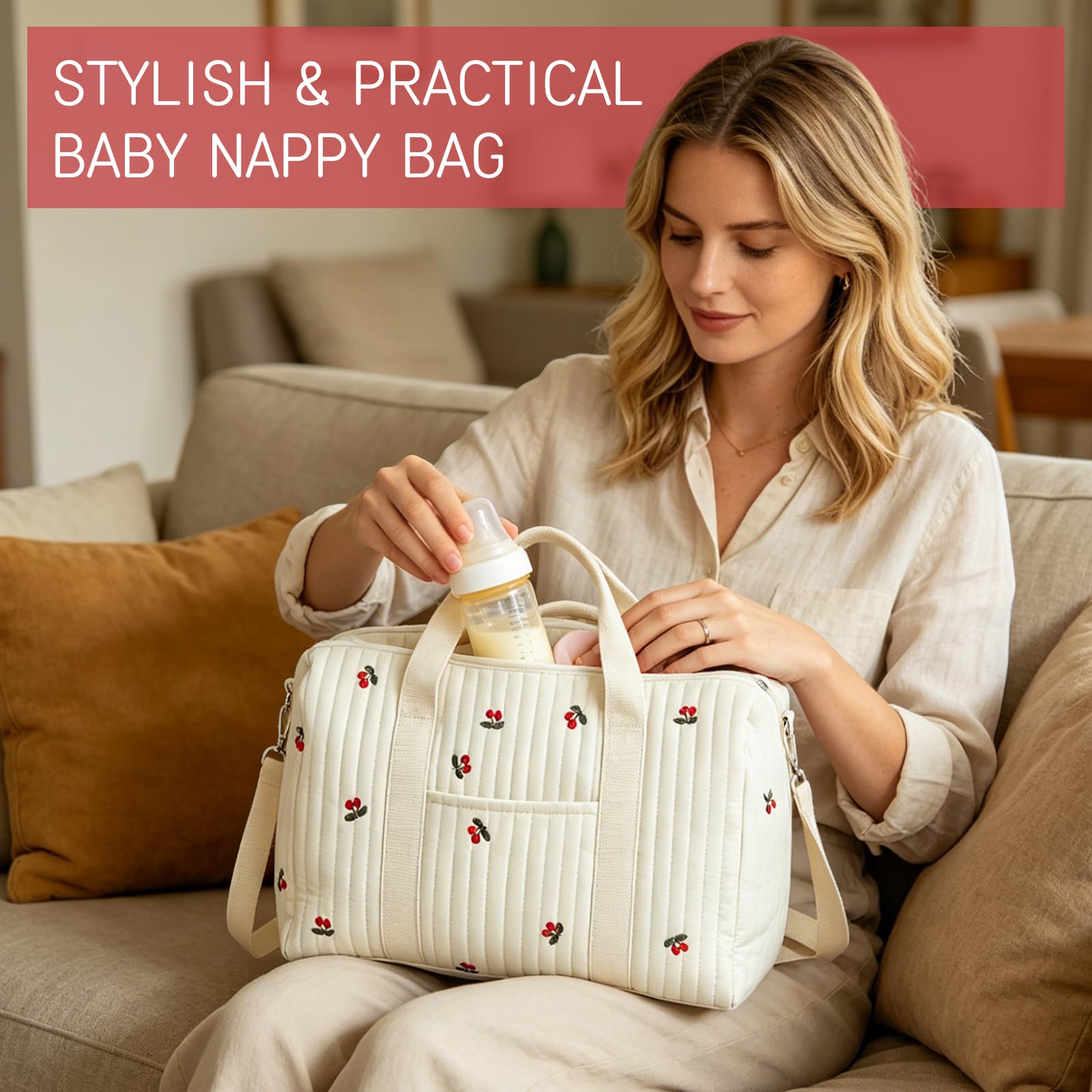 Borsa Parto Ospedale Cotone Trapuntato Ricamo Ciliegia Set 2 Pezzi Maternità Passeggino Viaggio Cambio Neonato Stile Coreano