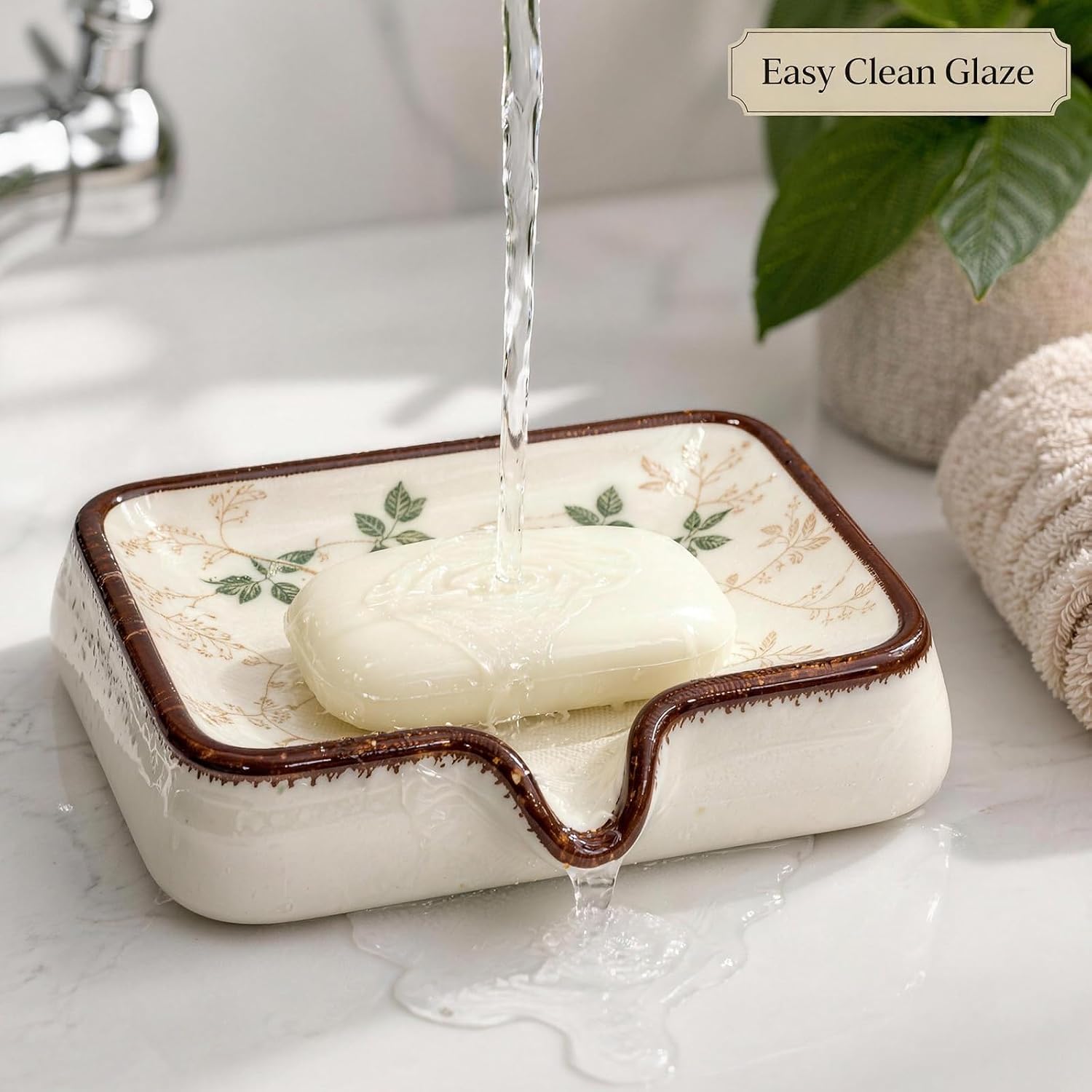 Vintage Floral Ceramic Soap Dish, Self Draining Soap Holder for Bathroom Shower