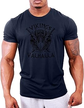 GYMTIER Sons Of Odin - Victory Or Valhalla Vikings - Camiseta De Gimnasio Para Hombre, Entrenamiento De Culturismo, Entrenamiento, Levantamiento De Pesas, Color Azul Marino, S