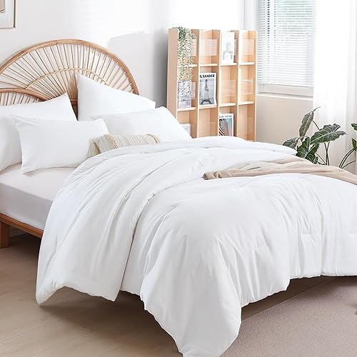 weigelia Queen Comforter Set White Comforter Boho Solid Color Bedding for All Season Soft Lightweight Microfiber 3PCS Reversible Comforter Set (1 Comforter, 2 Pillowcases)