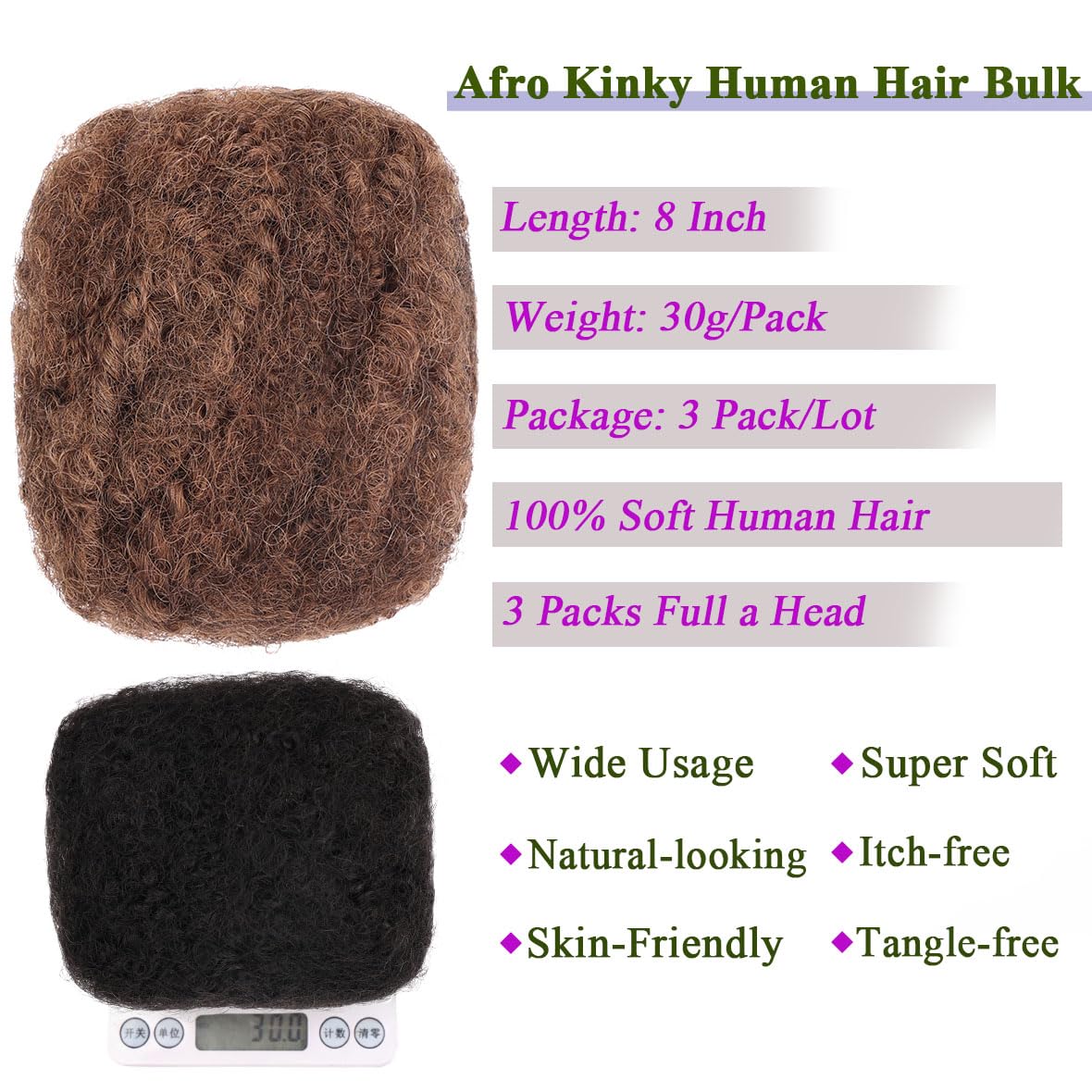 Kackanaa 8 Inch Afro Kinky Curly Human Hair Bulk for Dreadlock Extensions - Image 3