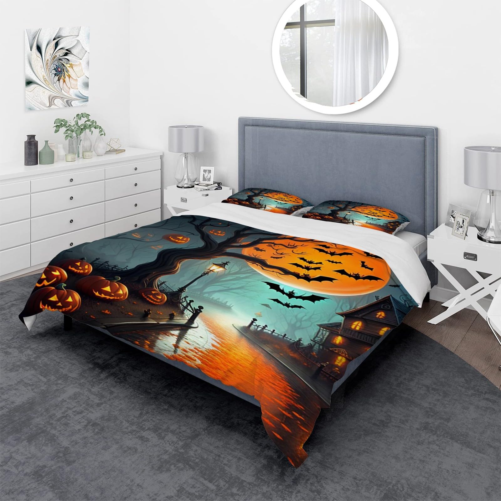 Generisch AK1120 Pościel z czarnym nietoperzem 155 x 220 cm, 3-częściowy zestaw pościeli z oddychającej i miękkiej mikrofibry, 2 poszewki na poduszki z zamkiem błyskawicznym