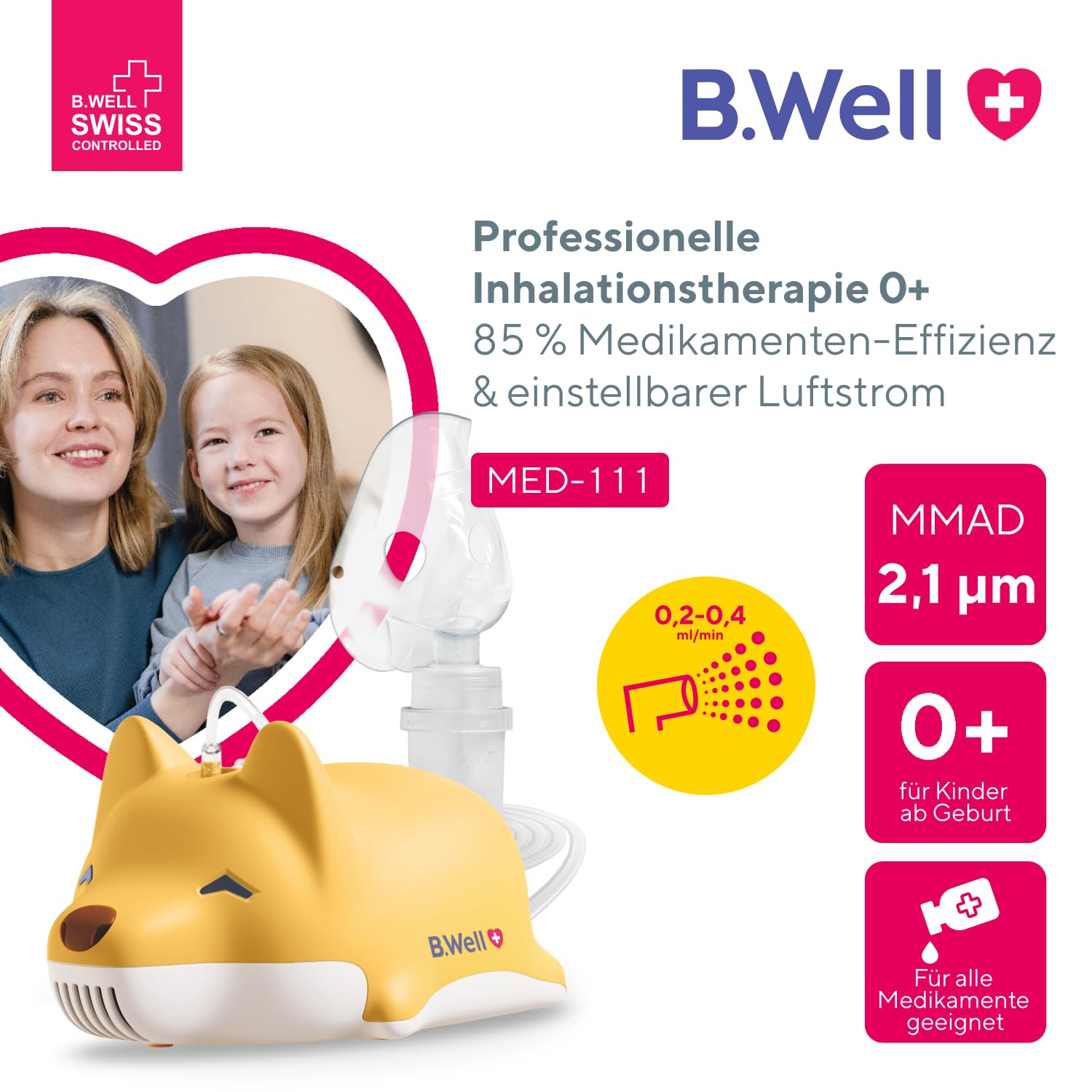 B.Well Swiss Kompressor-Inhalator MED-111, Medizinisch effiziente Atemtherapie, Einstellbarer Vernebler-Inhalator für Babys, Kinder und Erwachsene, Schweizer Qualität, Mit 2 Masken und Mundstück