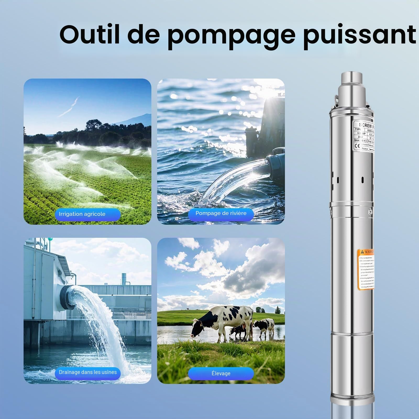 Pompe de puits, pompe de puits profond, 250 W, acier inoxydable 304, hauteur de refoulement 80 m, 1600 l/h, IP68, câble de 20 m, silencieuse 20 dB, raccord de 2,5 cm, pour arrosage de jardin, réseau