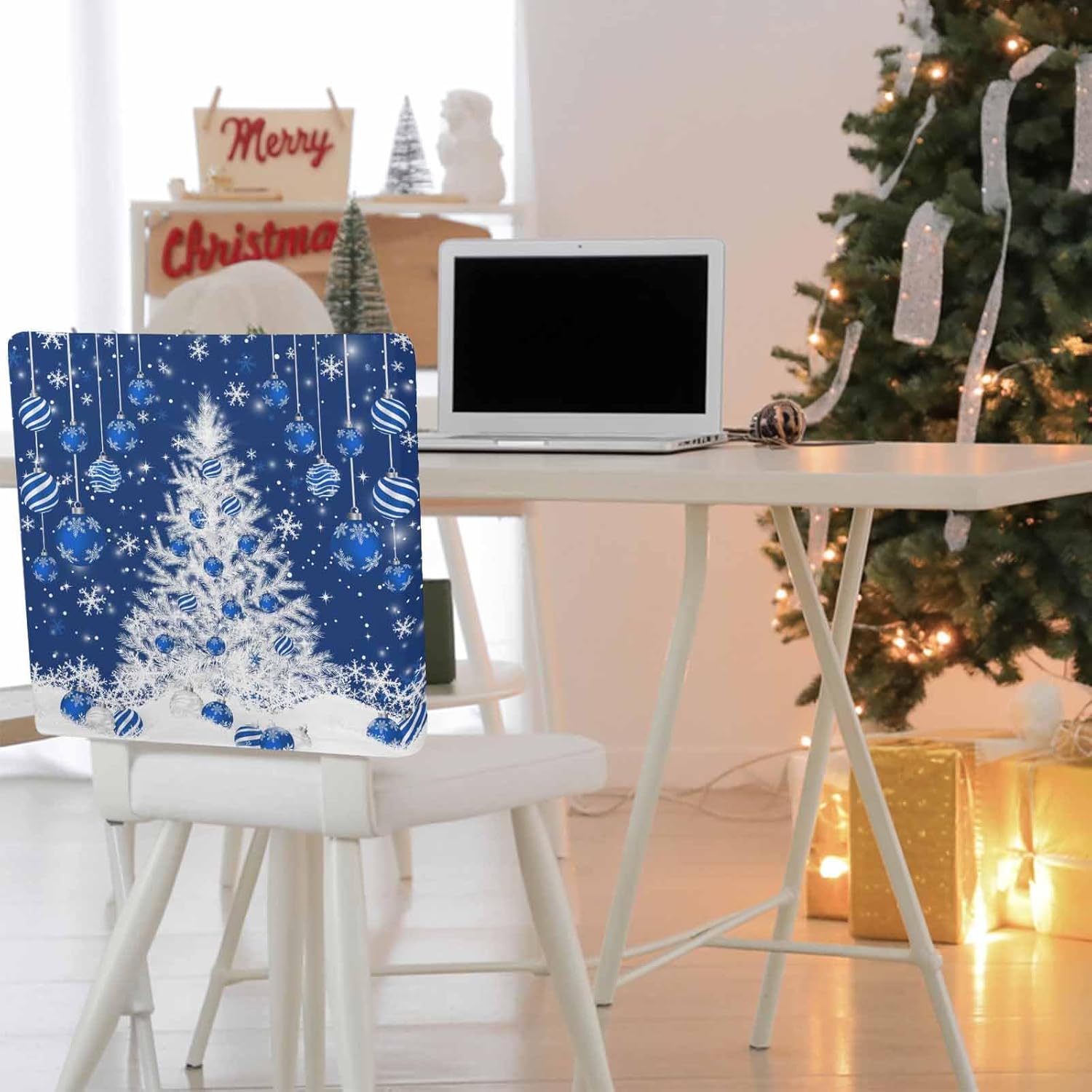 Navy Blue Christmas Tree Chair Back Covers for Dining Room, Xmas Balls Snowflake Linen Polyester Back Chair Protector, 4 Pcs Winter Holiday Chairs Covers for Dining Chairs Decor, 20 x 19 Inches