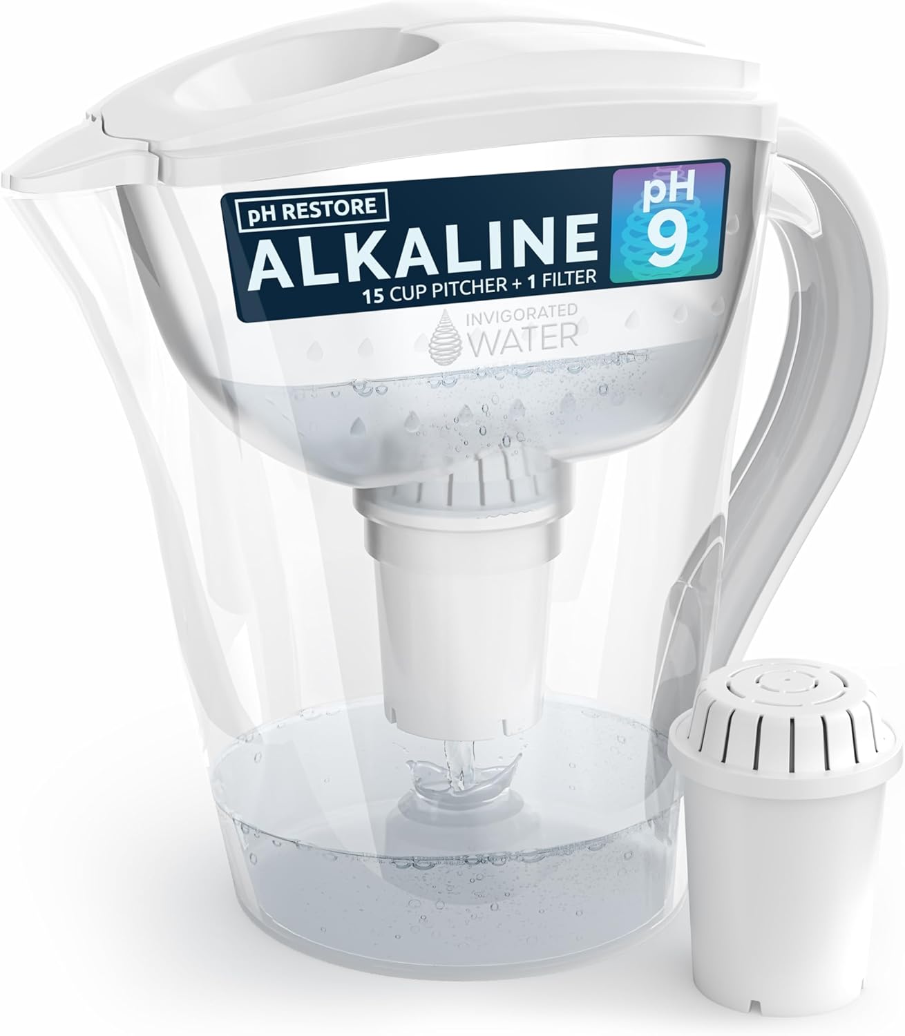 Invigorated Water Filter Pitcher with 1 Alkaline Filter – BPA-Free High pH Purifier, 15-Cup Capacity with SmartLight Filter Change Indicator, (96 Gallon) Long Filter Life