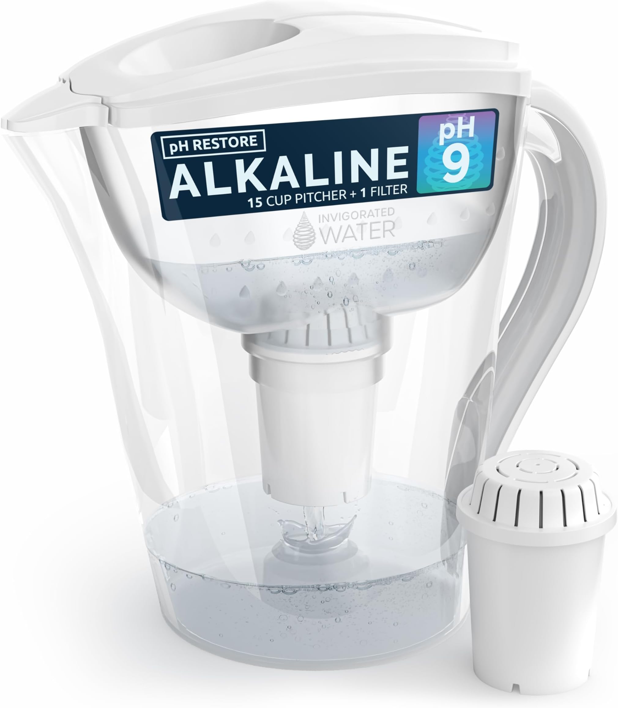 Invigorated Water Filter Pitcher with 1 Alkaline Filter – BPA-Free High pH Purifier, 14-Cup Capacity with SmartLight Filter Change Indicator, (96 Gallon) Long Filter Life