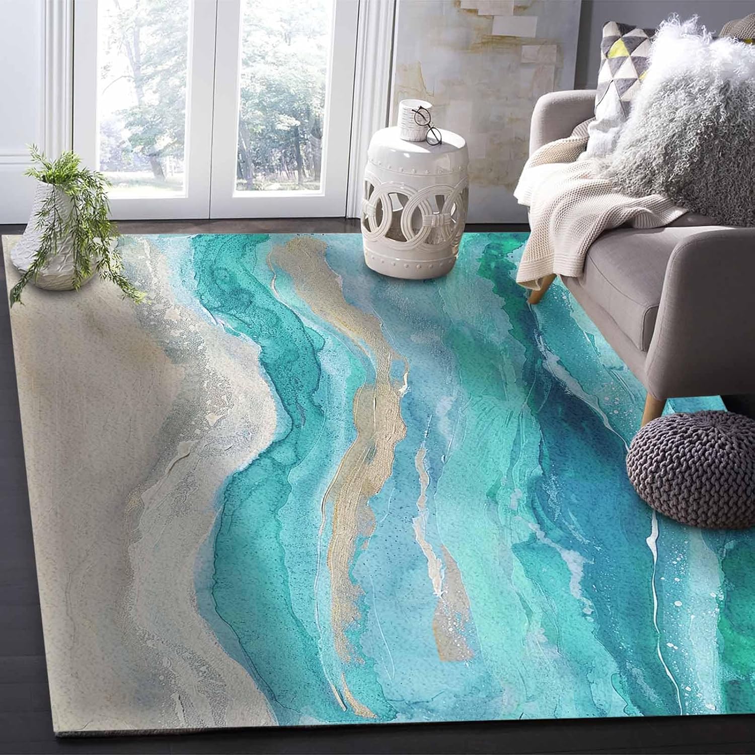 Teal Coastal Area Rug 2x3 Washable Non Slip Throw Rugs for Bathroom Kitchen Entryway Indoor Door Mat Soft Floor Carpet Summer Beach Nautical Abstract Art Entrance Small Rug for Living Room Bedroom
