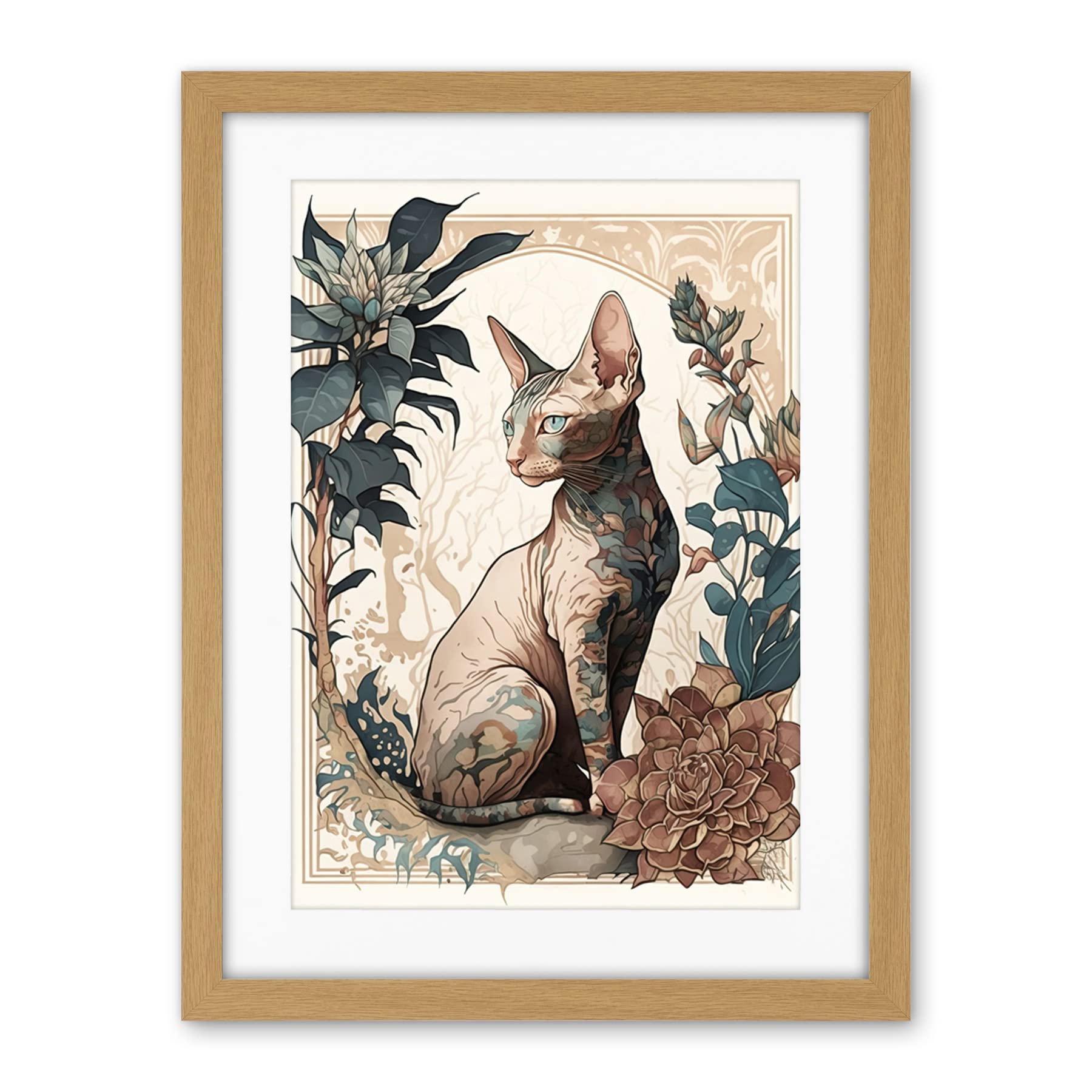 Artery8 Sphynx Cat with Flower Blooms Modern Art Nouveau Portrait Illustration Artwork Framed Wall Art Print 18X24 Inch