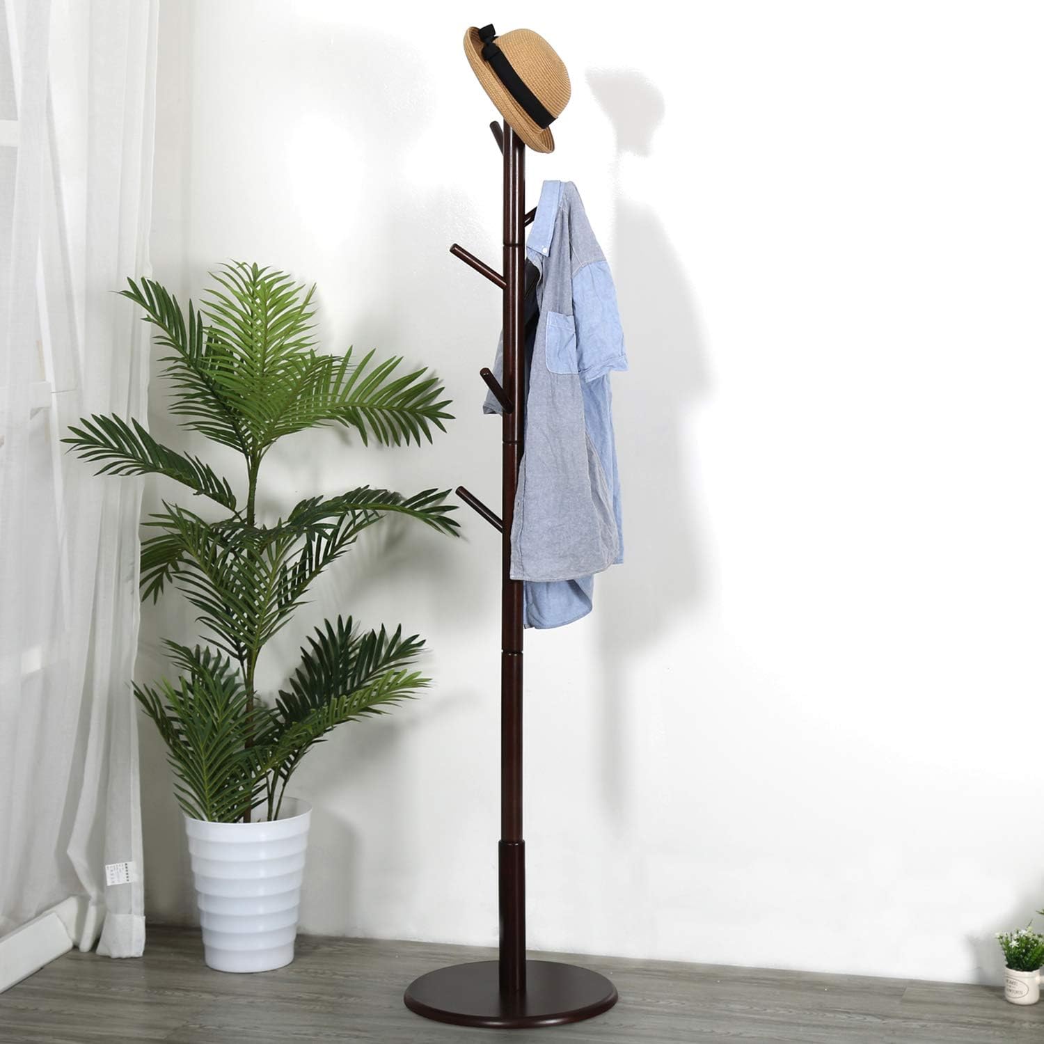 Vlush Sturdy Wooden Coat Rack Stand, Entryway Hall Tree Coat Tree with Solid Round Base for Hat,Clothes,Purse,Scarves,Handbags,Umbrella-(8 Hooks,Dark Brown)