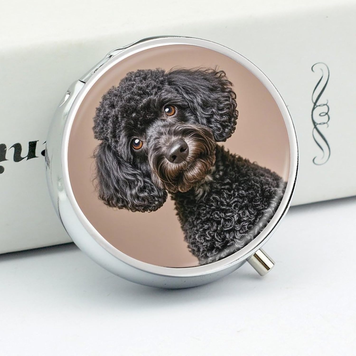 Round Daily Black Pug Pill Case with 3 Compartment & Mirror image 4