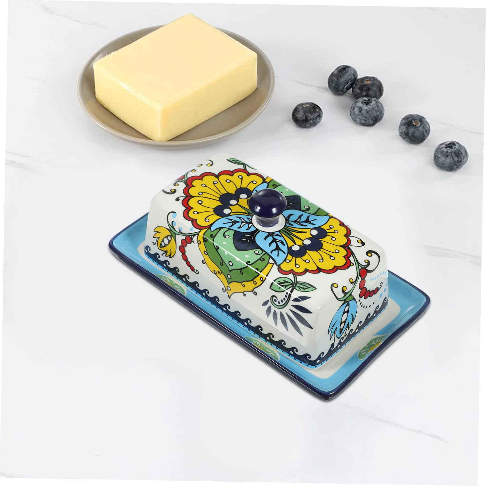 Beurrier en Céramique avec Couvercle Bleu, Style Européen Élégant, Solide Présentation à Table Présent Raffiné