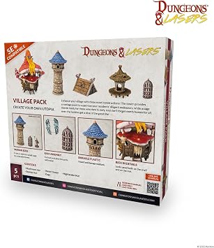 Dungeons & Lasers: Village Pack Expansion Set - 5 Piece Terrain Pack - RPG Terrain for DND and 5E Compatible Tabletop Games - Unpainted and Unassembled - Ages 14+