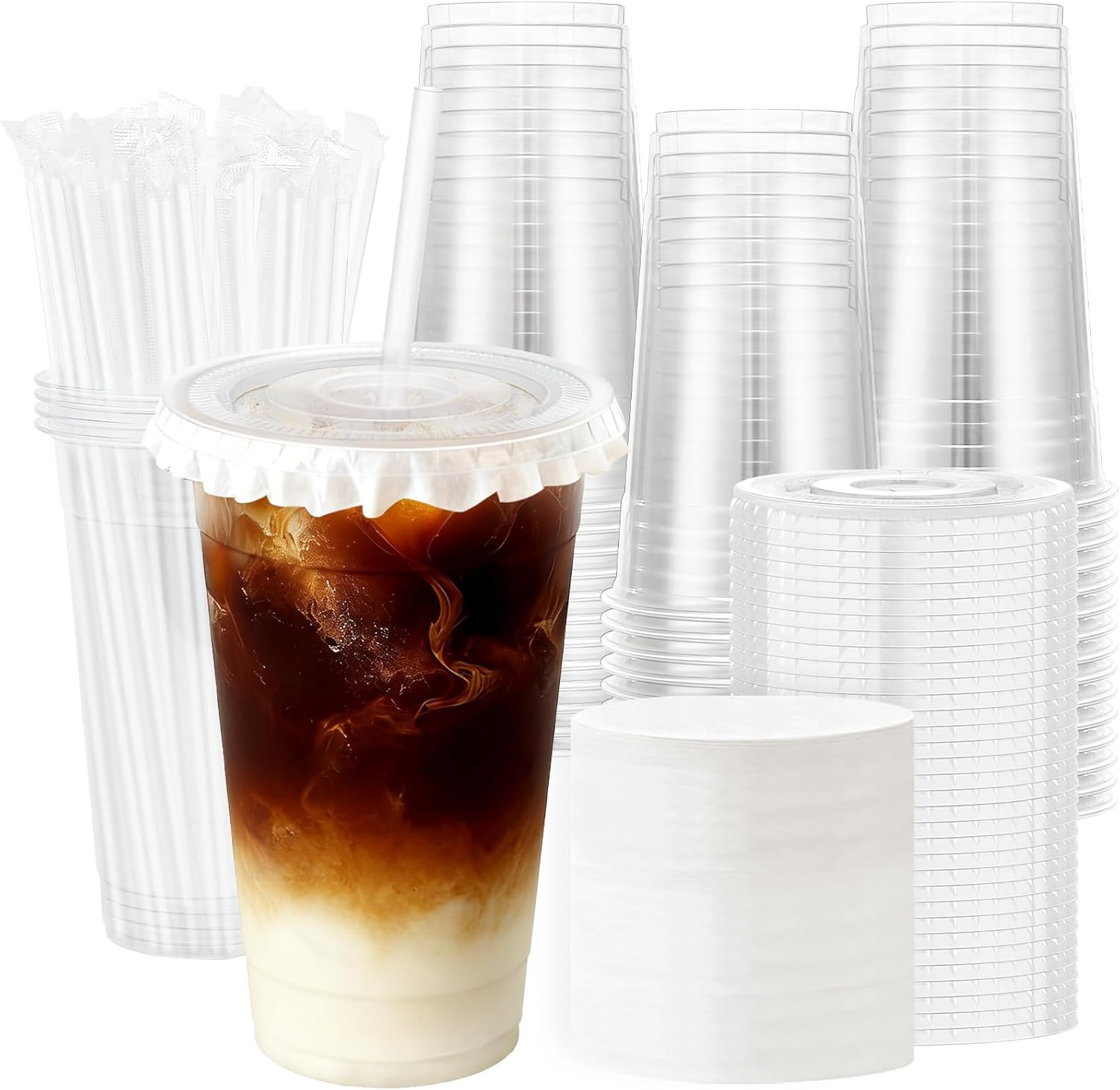 Lamosi 50 Pack 24 oz Clear Plastic Cups with Lids and Straws, Disposable Plastic Coffee Cups with Lids for Iced Coffee, Cold Beverages, Smoothies and To-Go Drinks