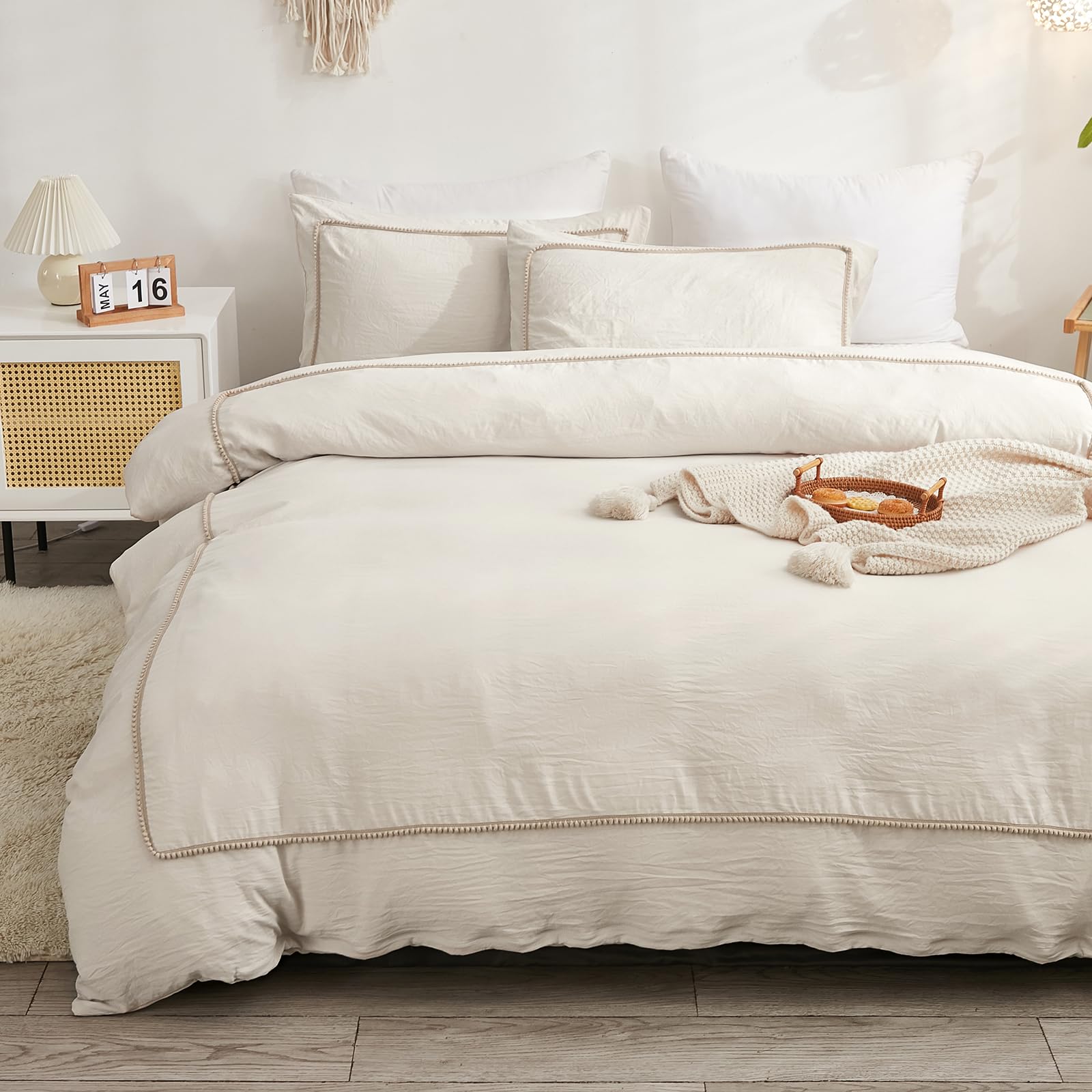 Herside Beige Bedding Set Double Size Khaki Ball Pom Design Solid Duvet Cover Set Microfibre Quilt Cover Boho Rustic Pom Duvet Cover Set Reversible Bedding for Girls Teens - Image 2