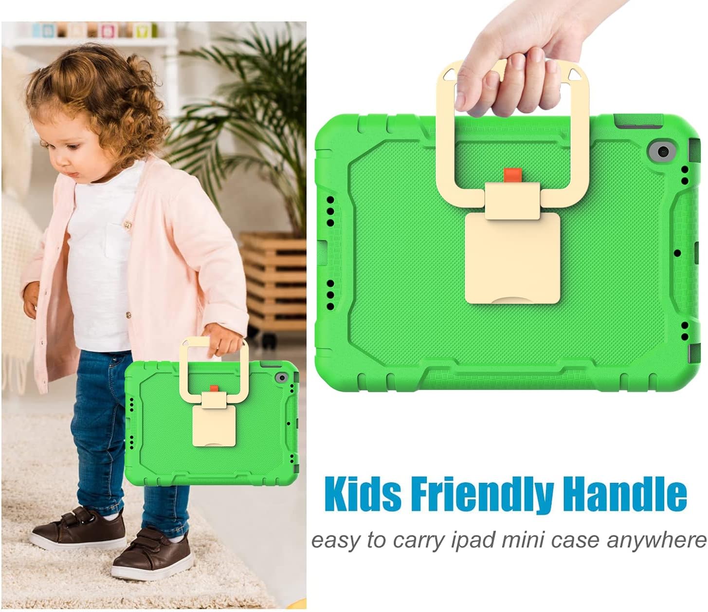 BMOUO Kids Case for iPad 8th/7th Generation, iPad 10.2 Case, Built-in Screen Protector, Shockproof Lightweight [360° Rotating Handle Stand] [Pencil Holder] Case for iPad 10.2 inch 2020/2019,Green