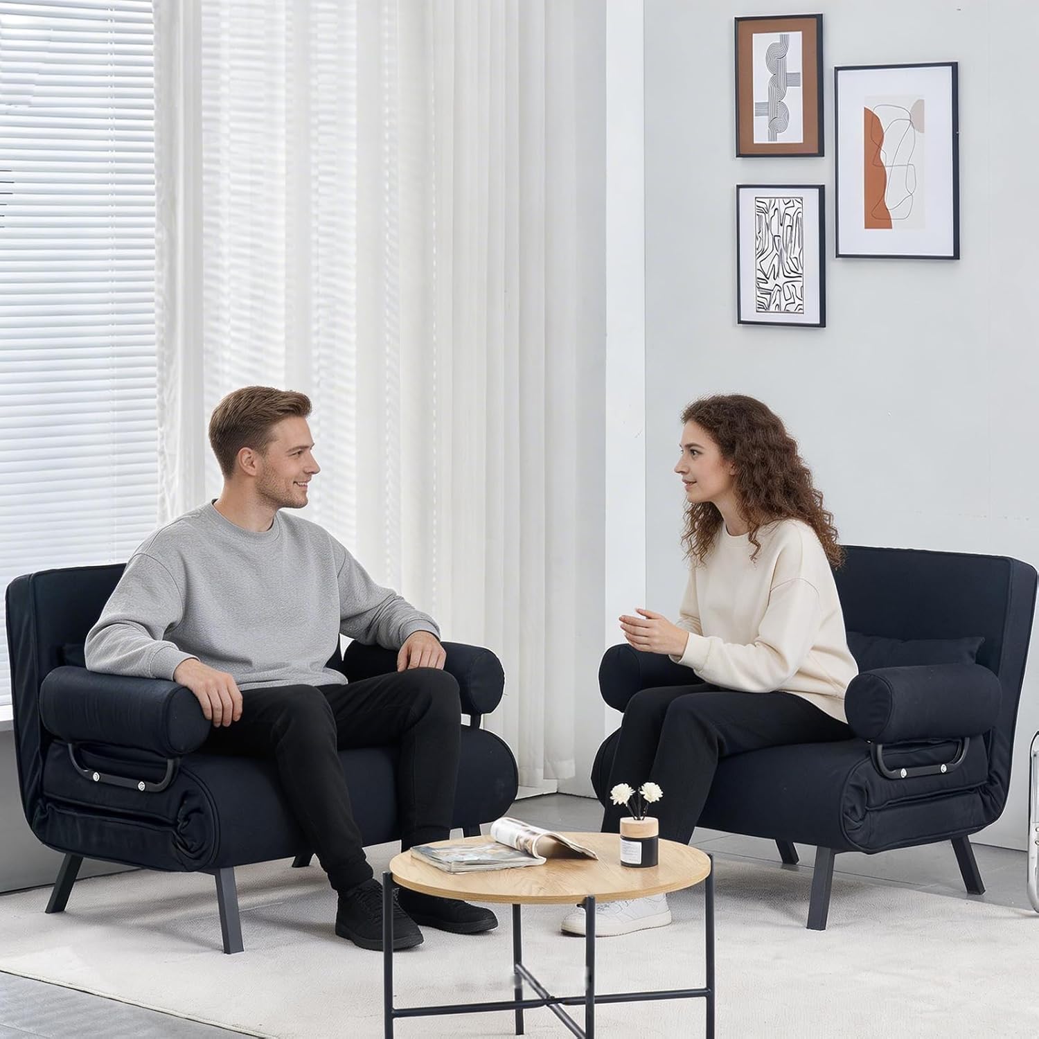 LSLIFE 4 in 1 Schlafsessel, Schlafsofa mit Bettfunktion Armlehnen & Kissen verstellbar 6-Position Rückenlehne Liegestühl Lounge Couch Guest Sleeper Sessel für Home Office ﻿ (80cm schwarz)