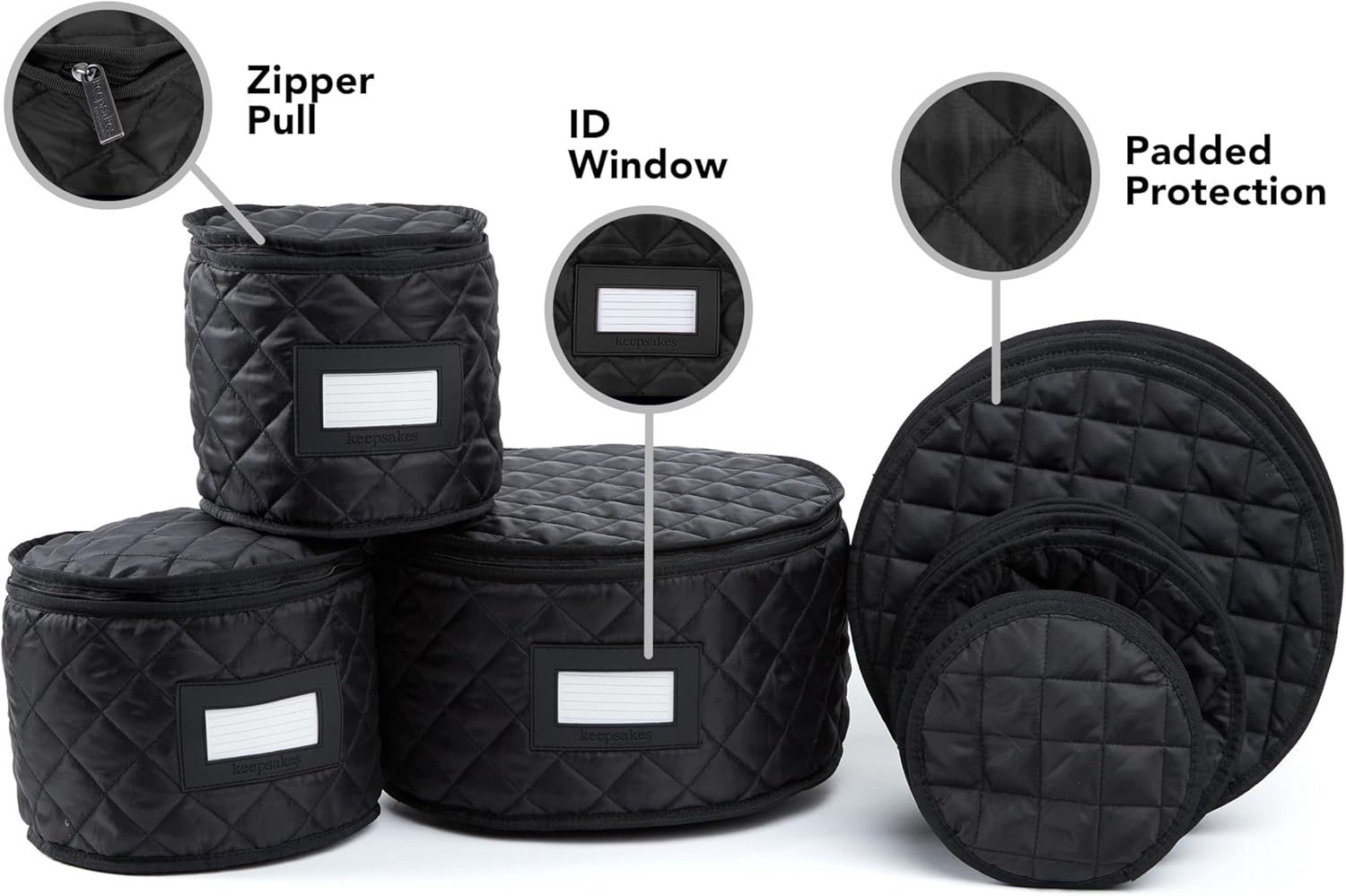 Covermates Keepsakes Dish Storage Set – Padded China & Dinnerware Storage Cases with Dividers, Cup & Stemware Storage, Quilted Polyester Protection, ID Window, Black