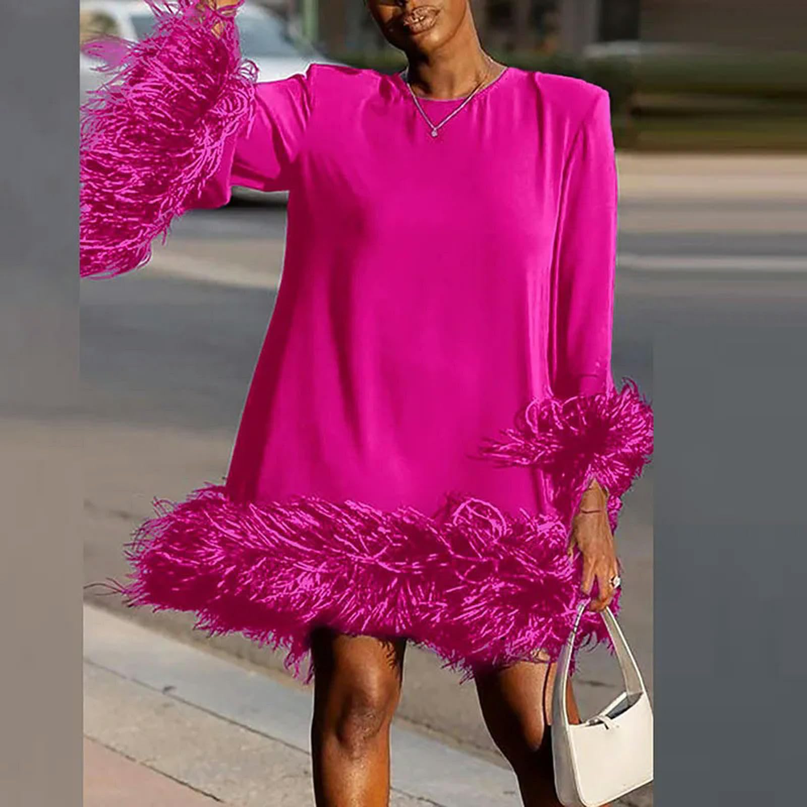 Vestido Elegante de Manga Larga con Cuello Redondo para IR al Trabajo, Vestido Holgado de Corte en A de Color sólido, Ropa de Mujer, Vestido de Fiesta de Retazos de Plumas