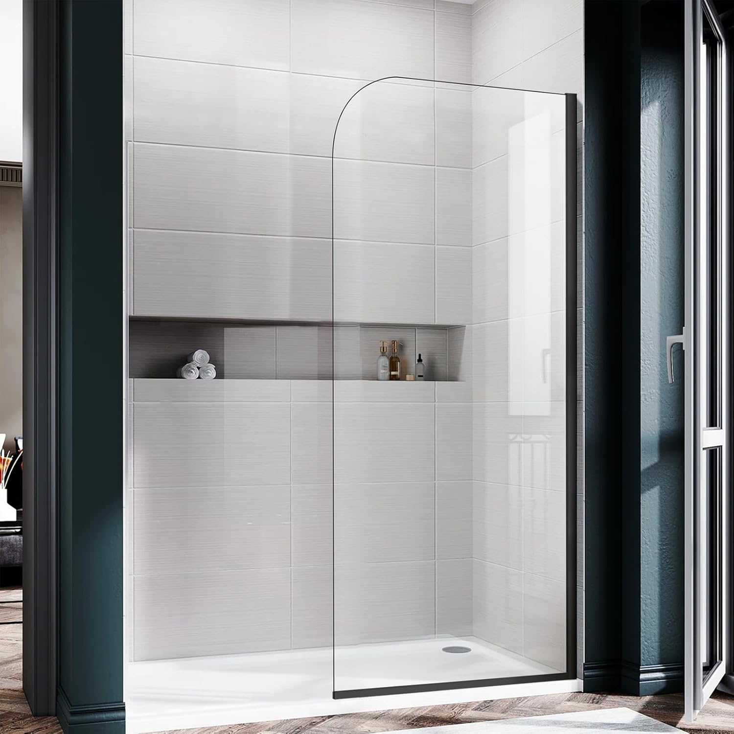 Glass Shower Panel, 30" W x 78" H Semi-Framed Fixed Shower Glass Panel in Matte Black with 5/16"(8mm) Clear Tempered Glass Door, Simple Shower Door Panel for Bathroom