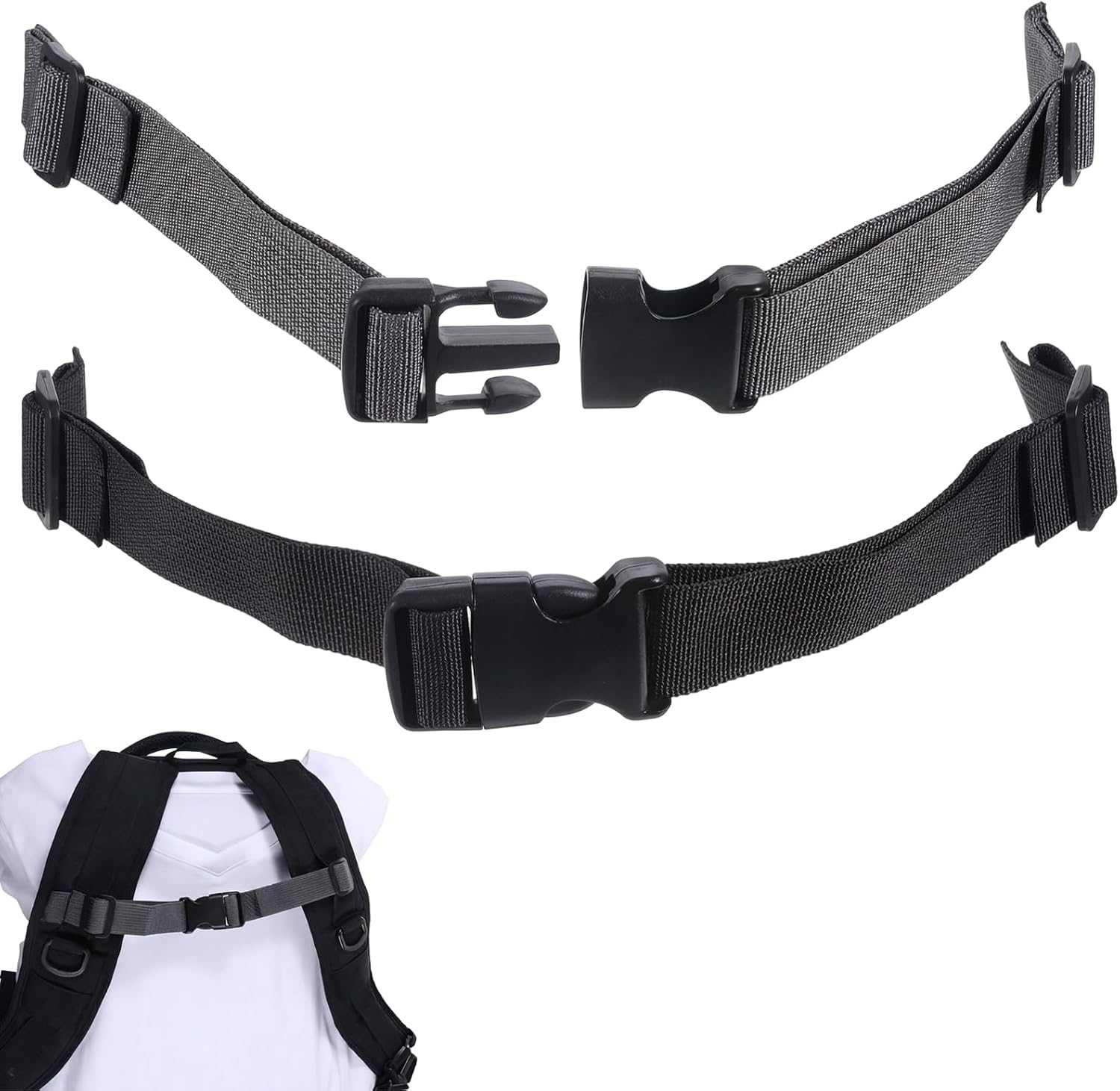 2 Pack Backpack Chest Strap, Back Pack Extender Straps for Weighted Vest with Quick-Release Buckle Adjustable Universal Backpacks Chest Straps for Hiking, Travel & Commuting (Black & Gray)
