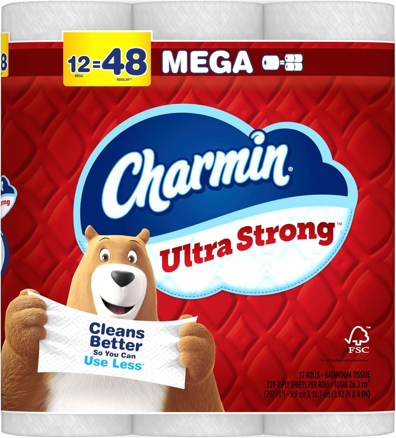 Charmin Ultra Strong Toilet Paper Mega Rolls, 4" x 3-15/16", White, 220 Sheets Per Roll, Pack Of 12 Mega Rolls