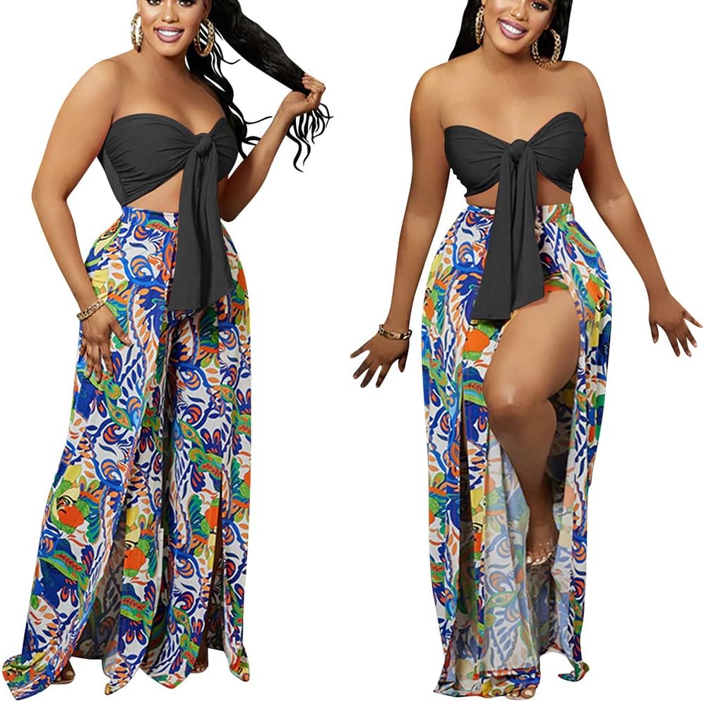 2 Piece Outfits for Women Summer Sleeveless Crop Tops Wide Leg Slit Pants Set Boho Floral Print Vacation Outfits