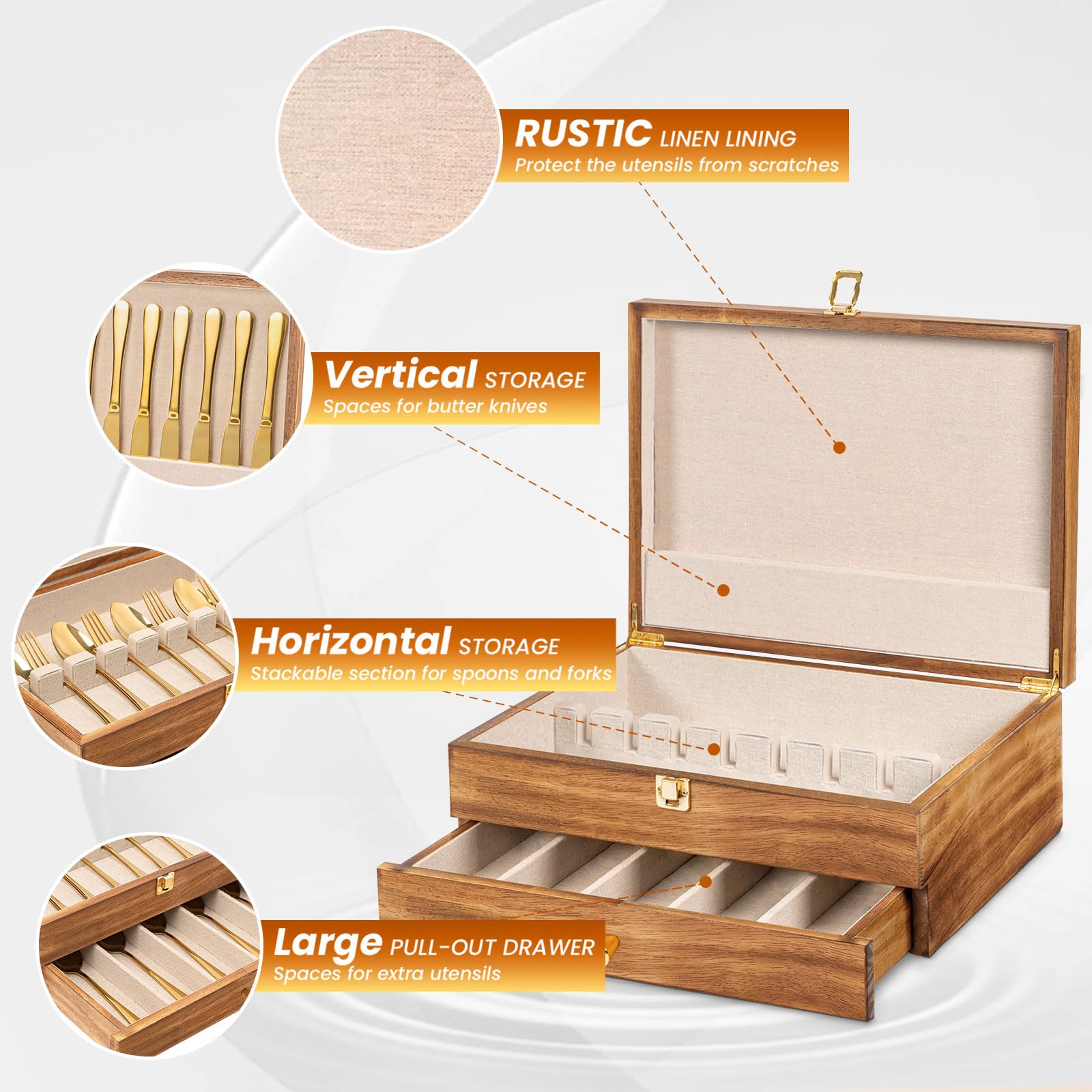 Besteck-Aufbewahrungsbox, 2-lagiger Besteck-Aufbewahrungskoffer mit Schublade, Holz-Bestecktruhe mit Leineneinsatz, rustikaler Besteckkoffer zur Aufbewahrung von feinem Besteck und Utensilien