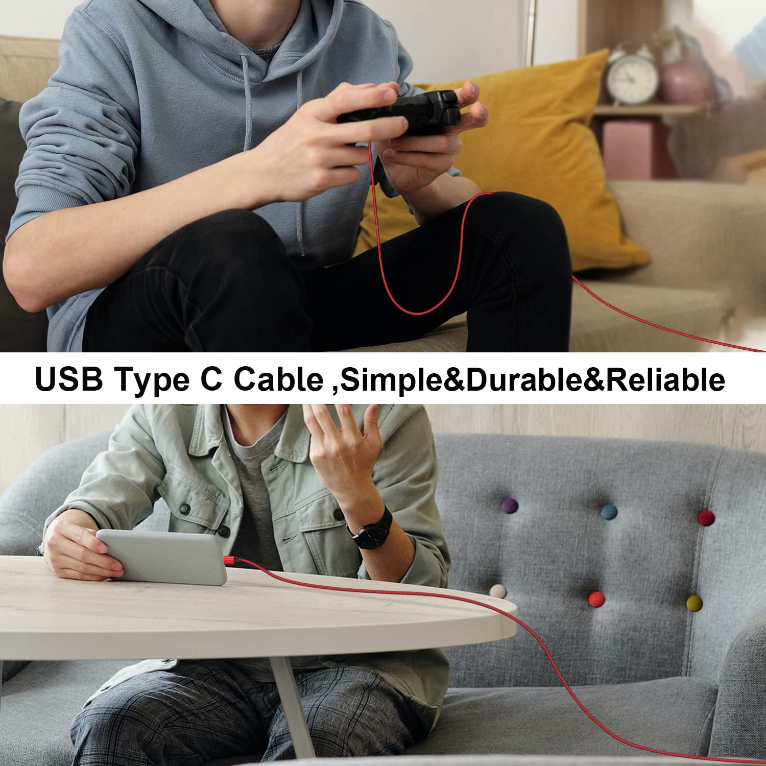 Lot de 2 câbles USB C - 3 m - Câble de charge USB de type C - En nylon tressé - Pour manette PS5, manette PS5 DualSense Xbox Series X/S, Sony, Samsung Galaxy S20 S21, Nintendo Switch (rouge)